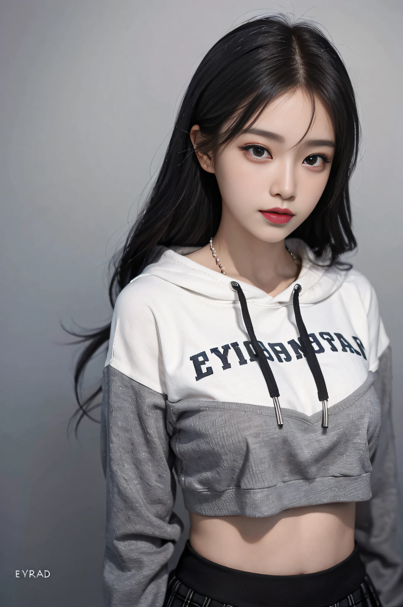 Top image quality、Raw photography、超A high resolution、17-year-old cool Korean、big round chest、Hoodie without front closure、Cropped length inner、skirt by the、Beautiful Eyes of Details、elongated eyes、eye lashes、Beautiful double eyelids、eyeshadows、Slender eyes、耳Nipple Ring、