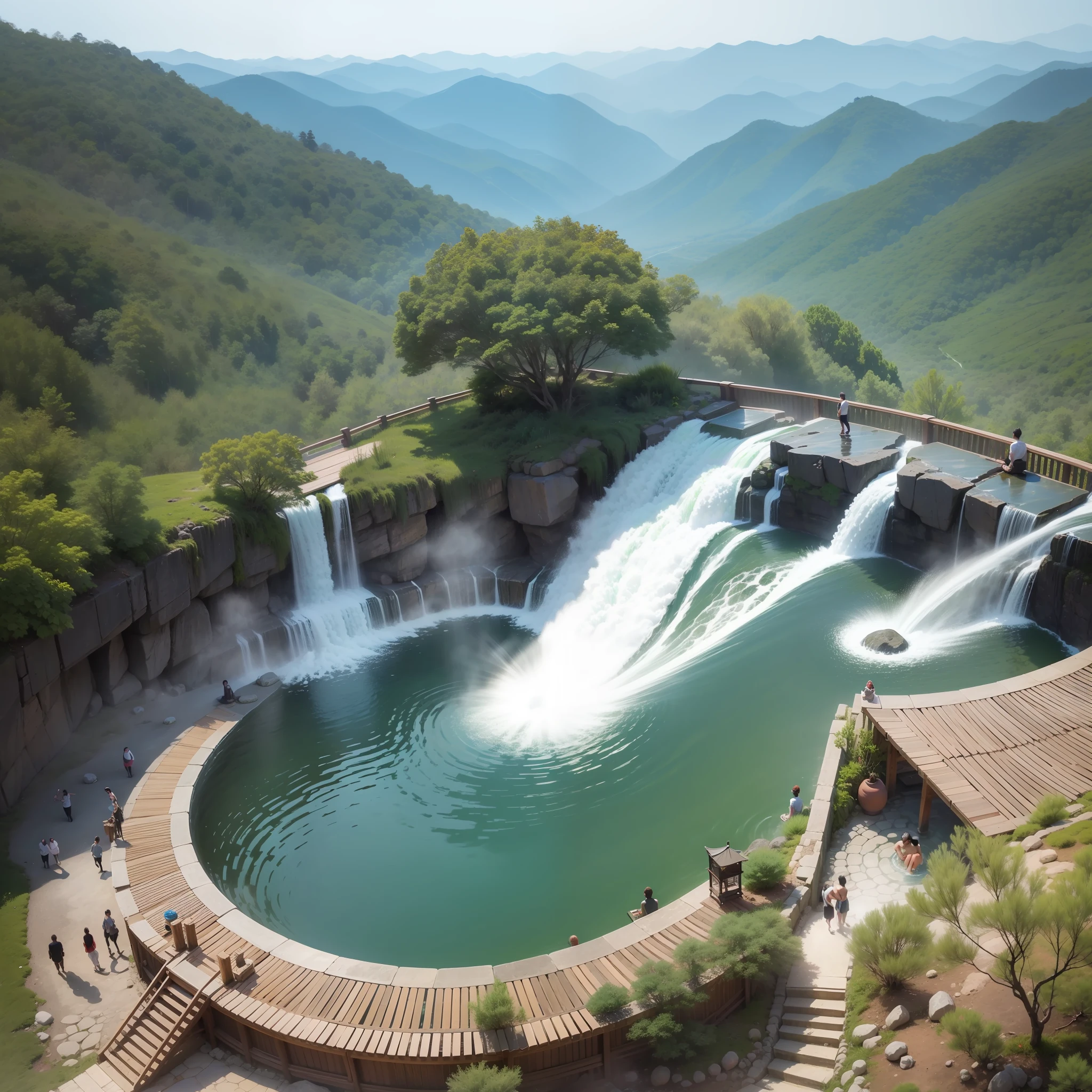 A huge open-air bath at the top of a mountain hot water top-quality masterpiece 超A high resolution huge waterfall Beautiful hot spring