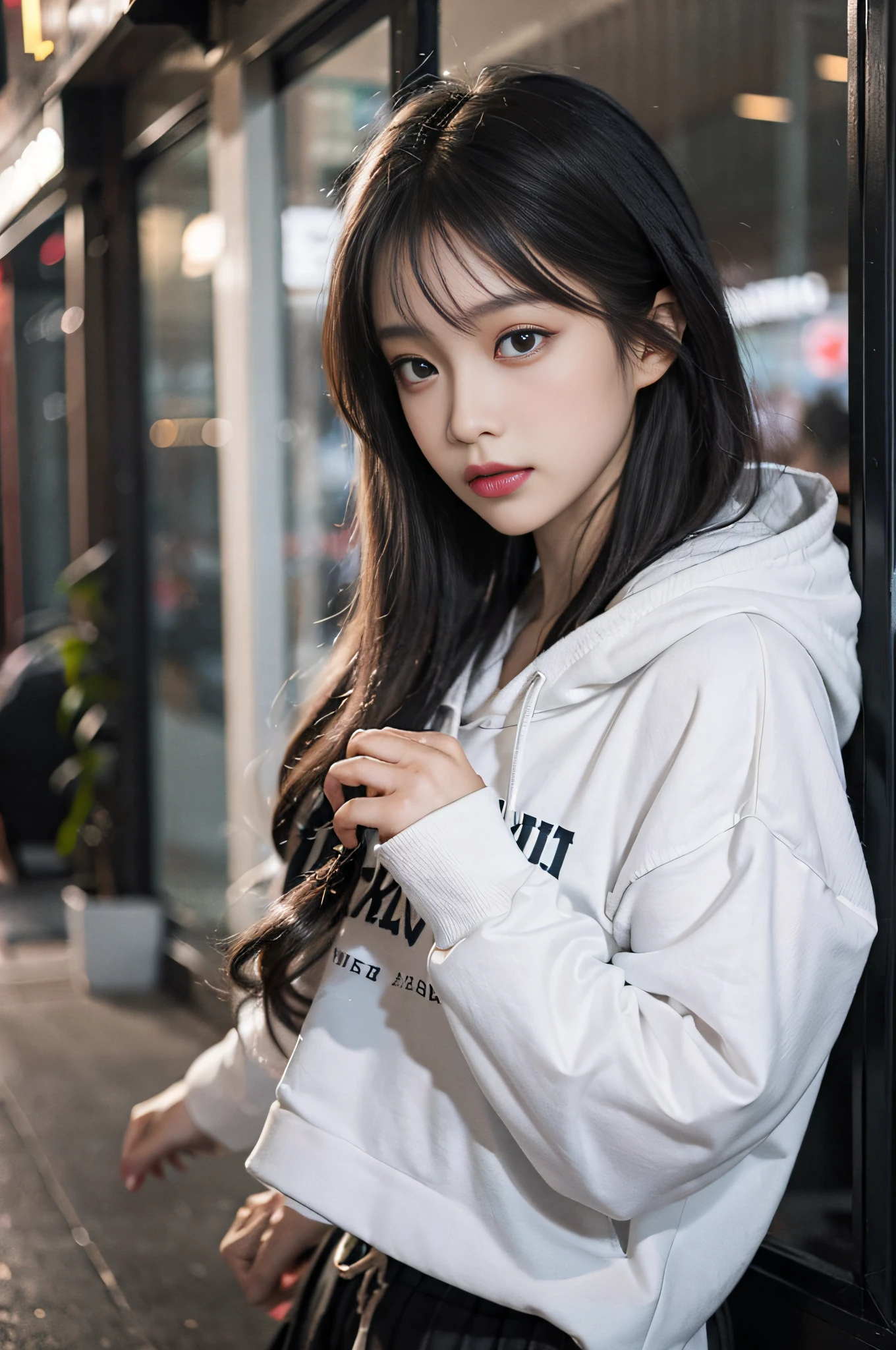 Top image quality、Raw photography、超A high resolution、17-year-old cool Korean、big round chest、Hoodie without front closure、Inside the trimmed length、skirt by the、Beautiful Eyes of Details、elongated eyes、Eye lashes、Beautiful double eyelids、eyeshadows、Slender eyes、耳Nipple Ring、
