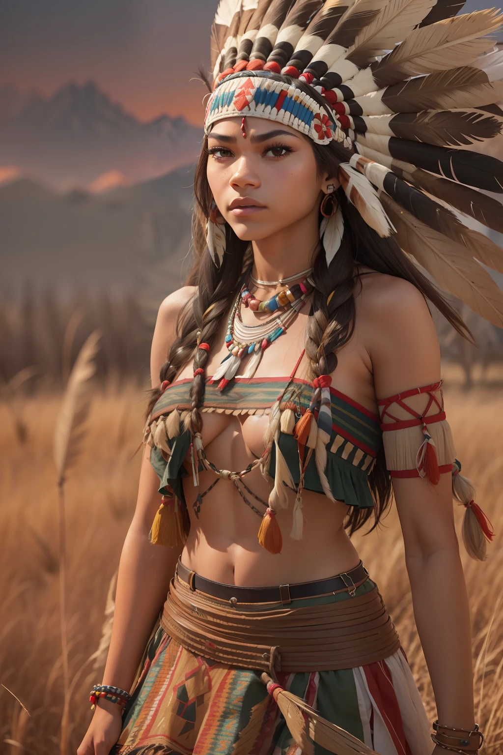 ((Zendaya is a native American woman)), ((who wears the typical clothes of a squaw)), (she stands on the prairie with a spear in her hand), ((schlanke frau)), (kleiner Kopf), ((natural skin texture)), ((she has small round breasts)), ((Ausdrucksstarkes detailliertes Gesicht)), (fotorealistisch), (Raytracing), (scharfer Fokus), ((full entire body)), ((windy upskirt))