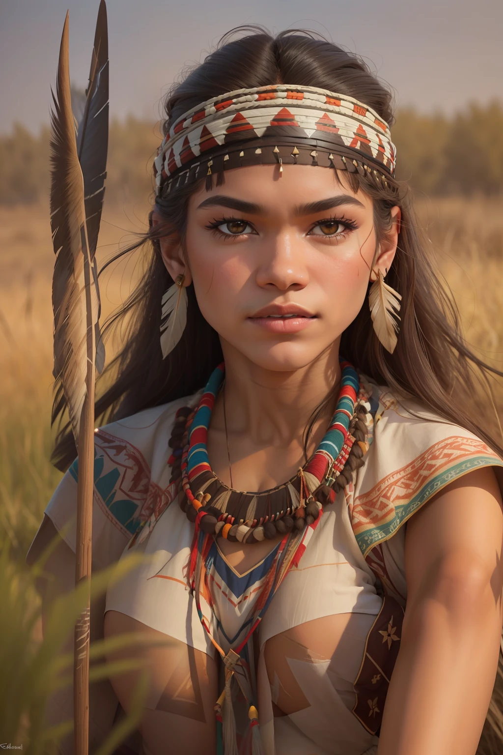 ((Zendaya is a native American woman)), ((who wears the typical clothes of a squaw)), (she stands on the prairie with a spear in her hand), ((schlanke frau)), (kleiner Kopf), ((natural skin texture)), ((she has small round breasts)), ((Ausdrucksstarkes detailliertes Gesicht)), (fotorealistisch), (Raytracing), (scharfer Fokus), ((full entire body)), ((windy upskirt))