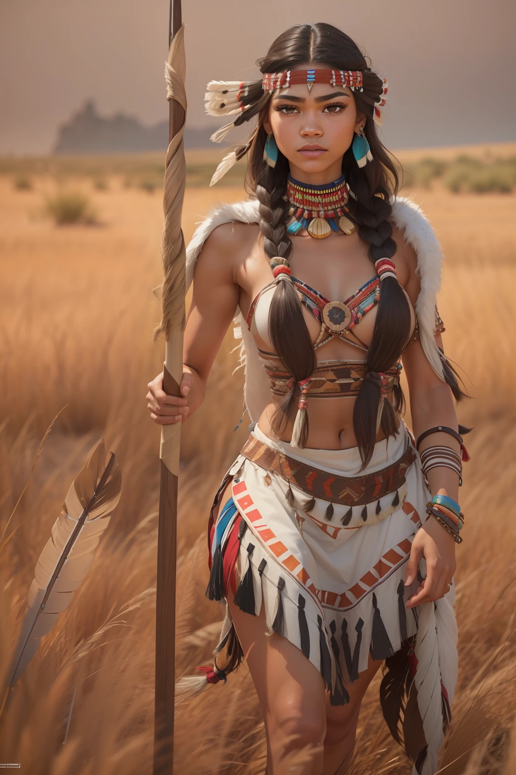 ((Zendaya is a native American woman)), ((who wears the typical clothes of a squaw)), (she stands on the prairie with a spear in her hand), ((schlanke frau)), (kleiner Kopf), ((natural skin texture)), ((she has small round breasts)), ((Ausdrucksstarkes detailliertes Gesicht)), (fotorealistisch), (Raytracing), (scharfer Fokus), ((full entire body)), ((windy upskirt))