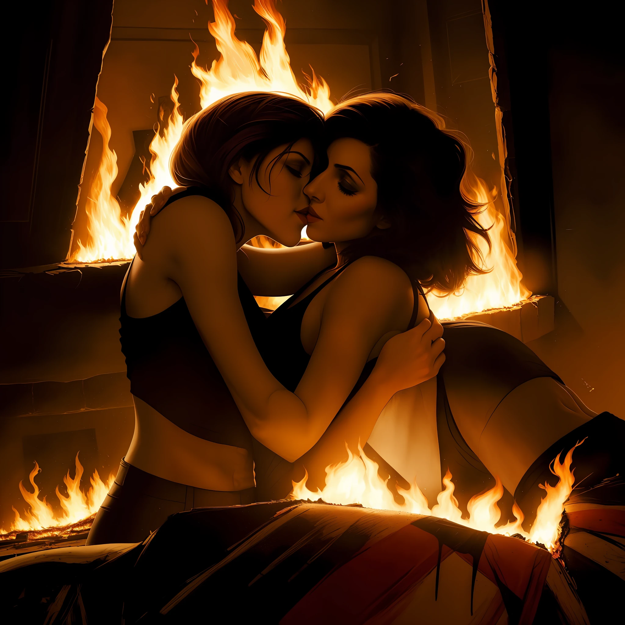 "Lesbian women on a feather bed kissing and touching each other , Inside a burning room, pintura maestra, highest qualityr, detalle excepcional, fuego intenso, dramatic illumination, sombras impactantes, intense atmosphere, chaos and destruction, Vivid contrasts, colores vibrantes, energetic brushstrokes."