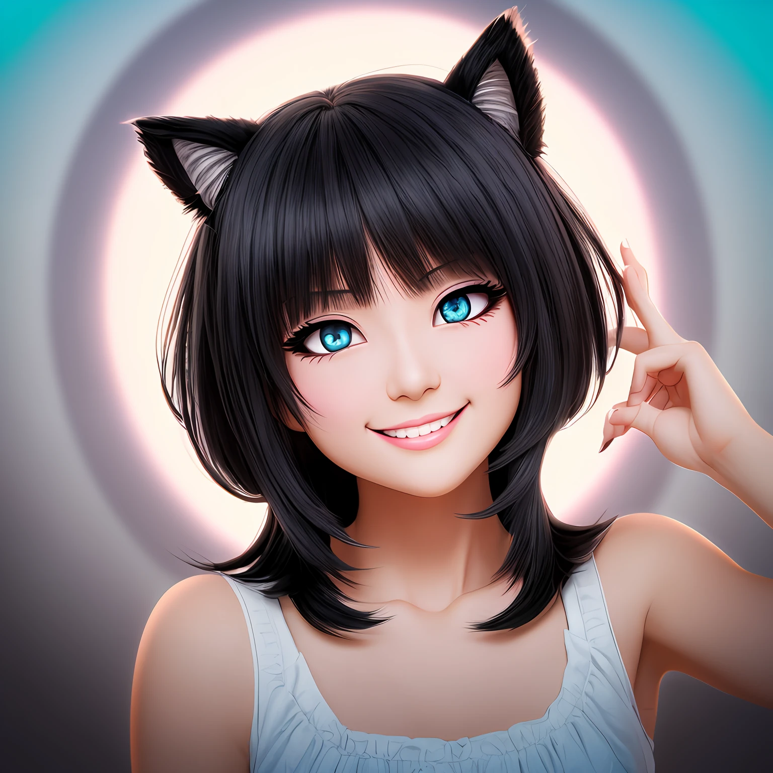 black hair, hair bobbles, wince, longeyelashes, solid circle eyes, fake animal ears, light smile, ear blush, fang, Surrealism, drop shadow, anaglyph, stereogram, tachi-e, pov, atmospheric perspective, 8k, super detail, ccurate, best quality --auto
