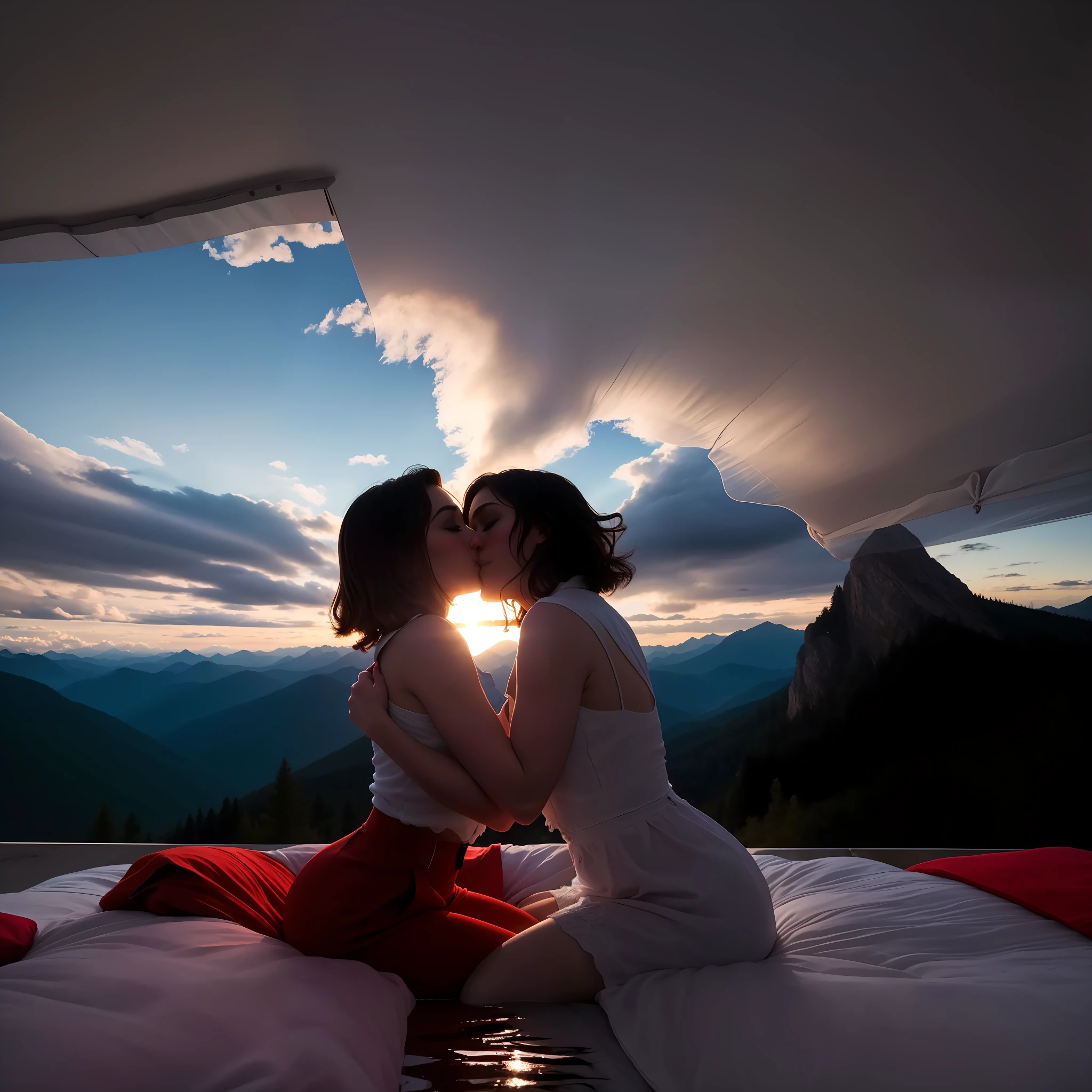 Lesbian women on a feather bed kissing and touching each other "high quality photograph, impresionante detalle, beautiful composition, tonos vibrantes, Spectacular lighting, Majestic mountain scenery, dramatic clouds, reflejos en el agua, colores brillantes, naturaleza exuberante."