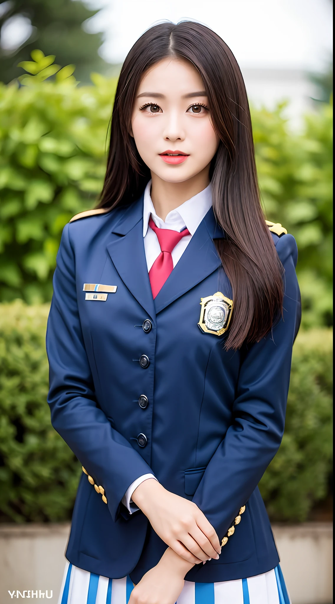 (yinchuan:1.5),, masterpiece, top-quality, Raw foto, Photorealsitic, large full breasts、beautiful and flawless face, Soft smile、20 years girl、校服、Policewoman uniform、depth of fields, hight resolution, ultra-detailliert, finely detail, ighly detailed, extremely detailed eye and face, Sharp pupils,