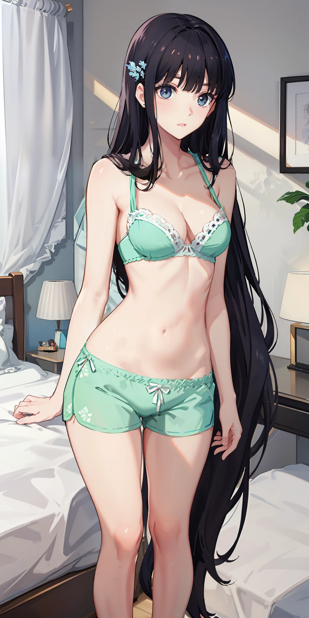 long hair, black hair, medium breast, slim legs, nervous,  pajamas, cleavage, bedroom, belly button