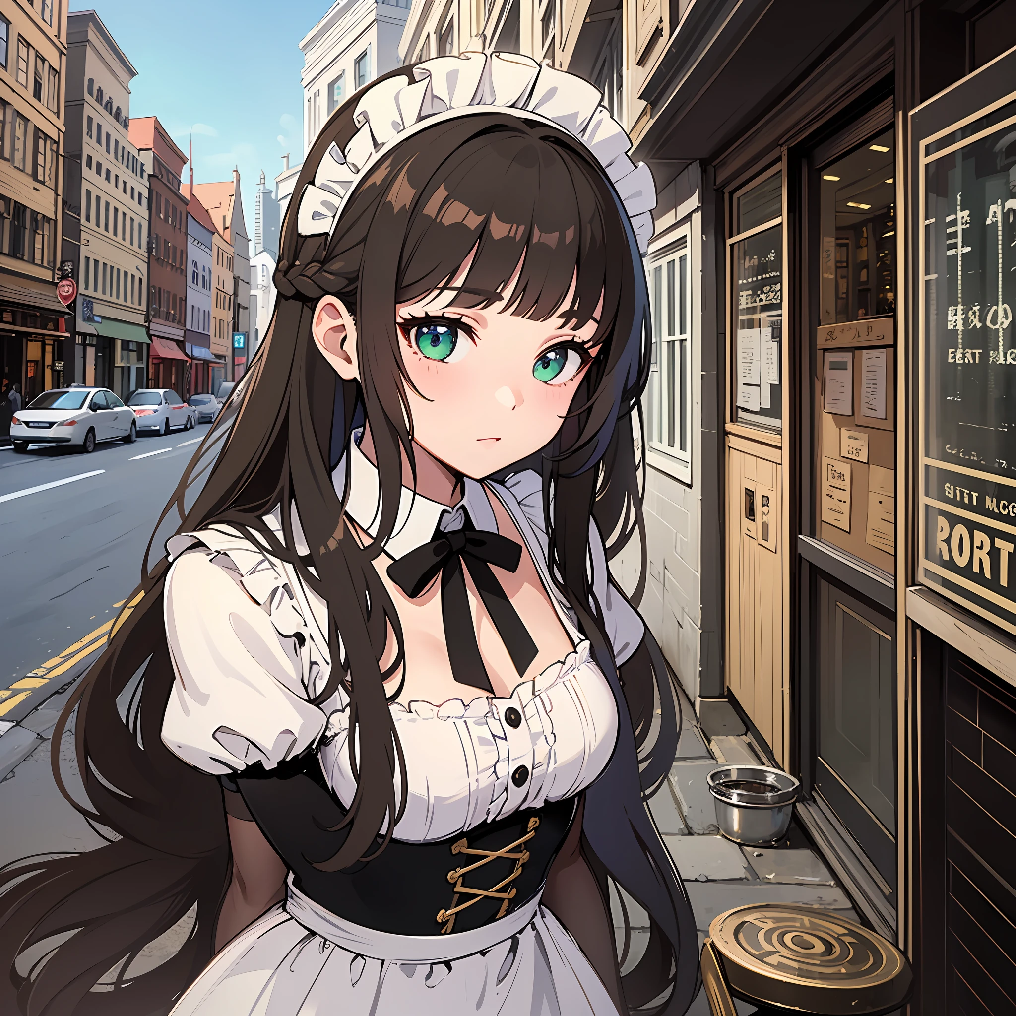 (masterpiece:1.3), (best quality:1.3), high resolution, 


couboy shot, 
leaning forward, 

(one cute girl:1.3), solo, 
white skin, small Breast, eight-headed person, 
light brown hair, long hair, straight hair, (blunt bangs:1.2), beautiful hair, green eyes, drooping eyes, beautiful detailed eyes, 

furrowed brow, 

maid, 

outdoors, sidewalk cafe, western town, 

shadowlighting,