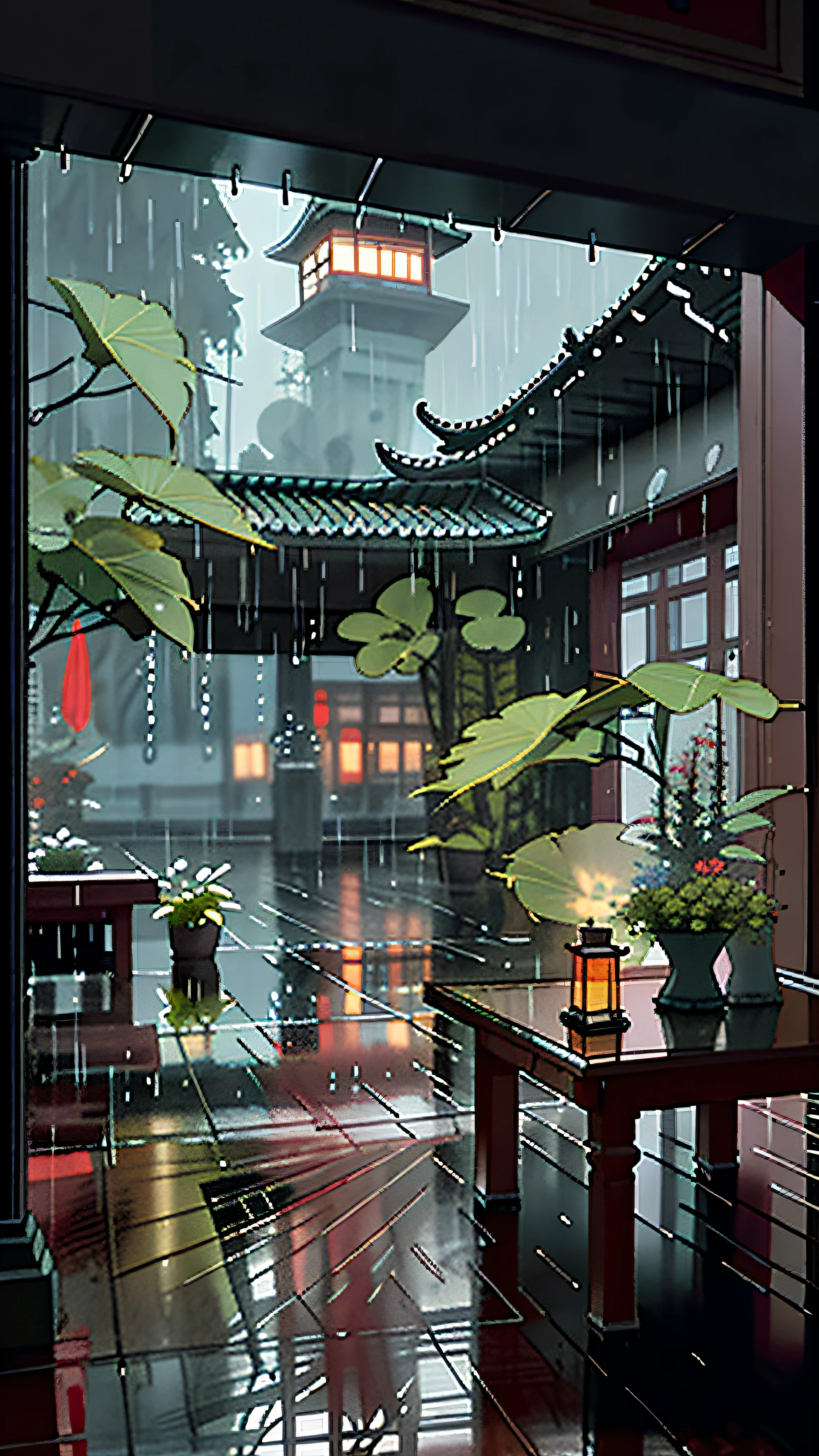 there is a table with a candle on it in a courtyard, rainy day outside, rainy outside, rainy afternoon, raining outside, inside on a rainy day, rainy scene, rainy and gloomy atmosphere, in a rainy environment, rainy mood, by Li Zai, rainy environment, rainy day, rainy weather, by Fei Danxu, raining outside the window, by Ren Xiong