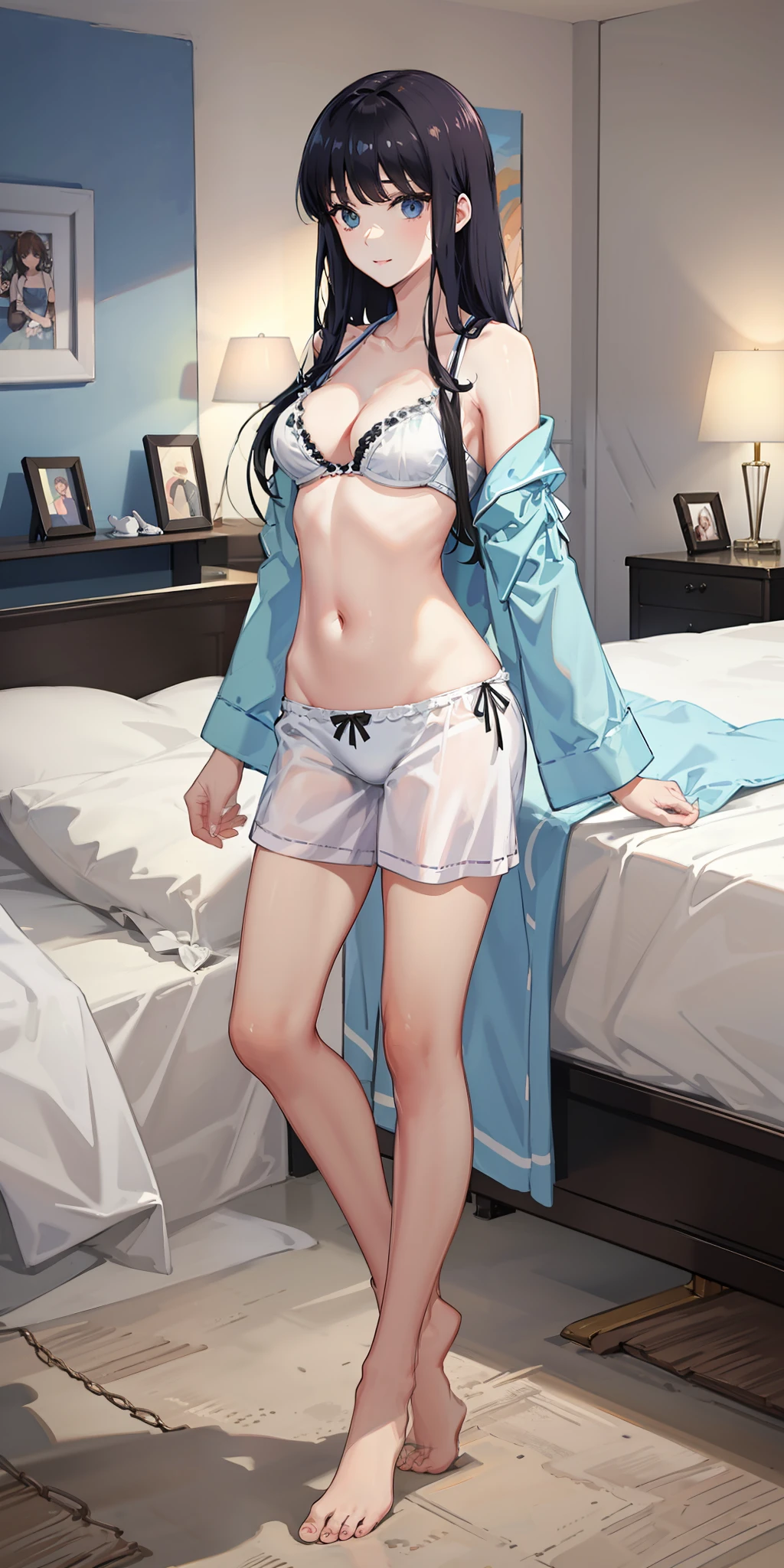 long hair, black hair, medium breast, slim legs, nervous, pajamas, cleavage, bedroom, belly button