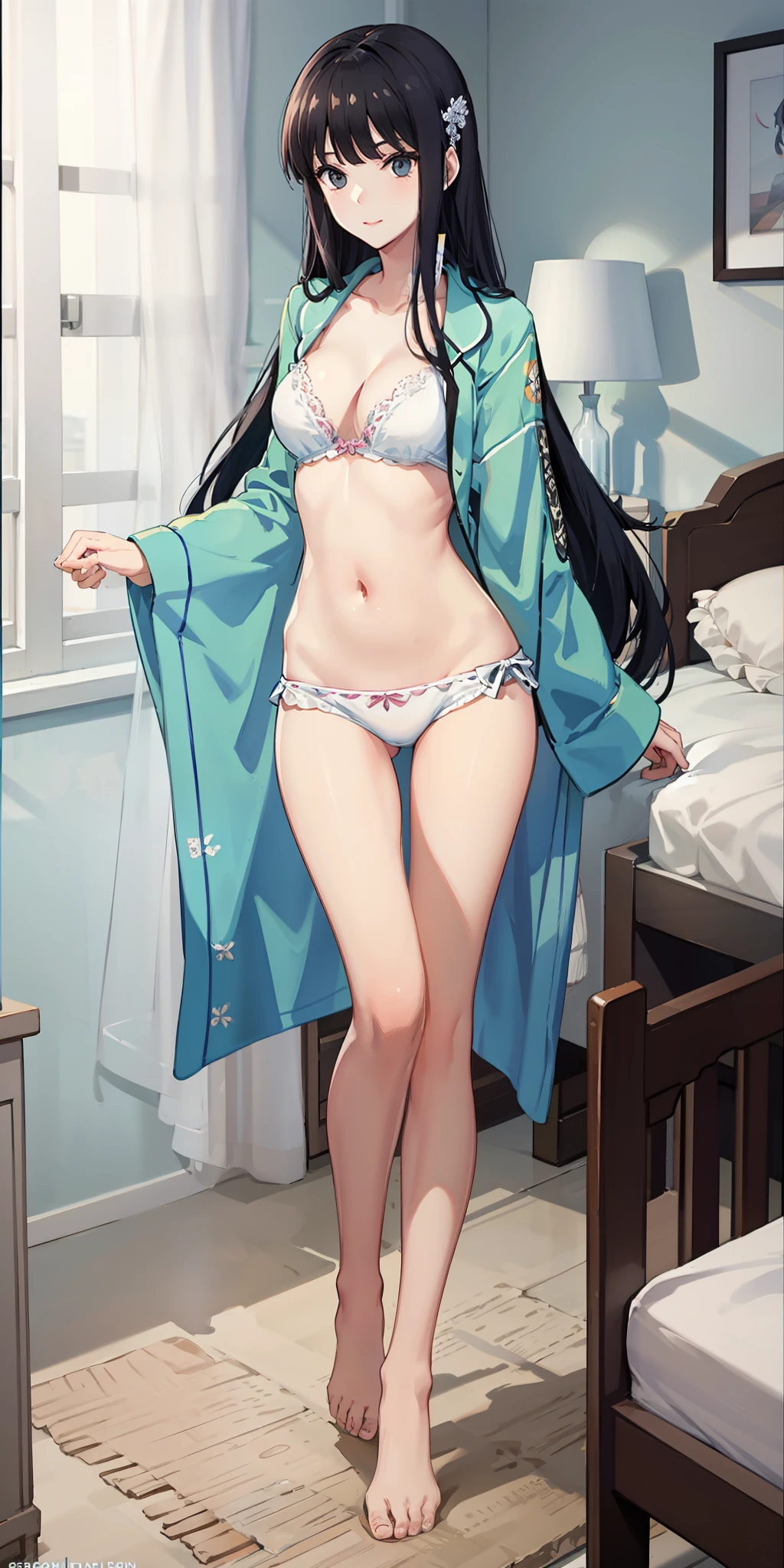 long hair, black hair, medium breast, slim legs, nervous,  pajamas, cleavage, bedroom, belly button