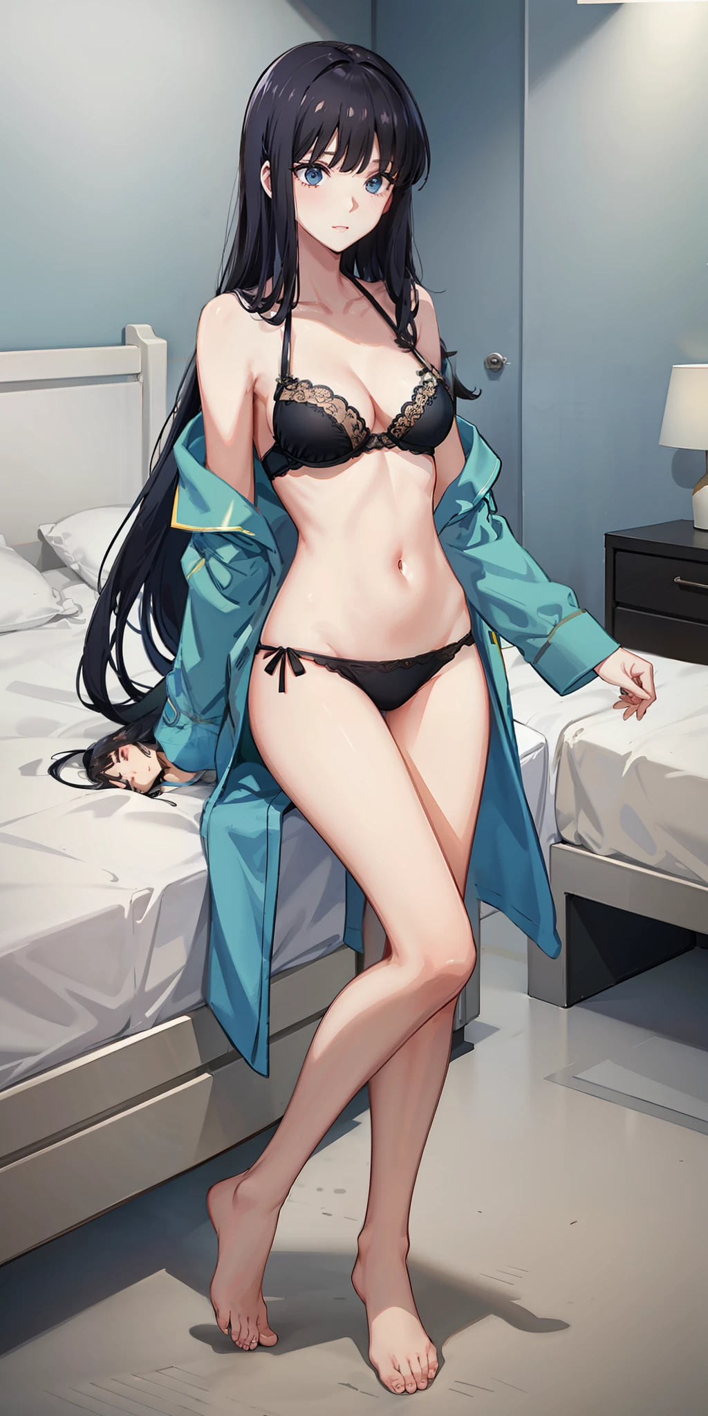 long hair, black hair, medium breast, slim legs, nervous,  pajamas, cleavage, bedroom, belly button