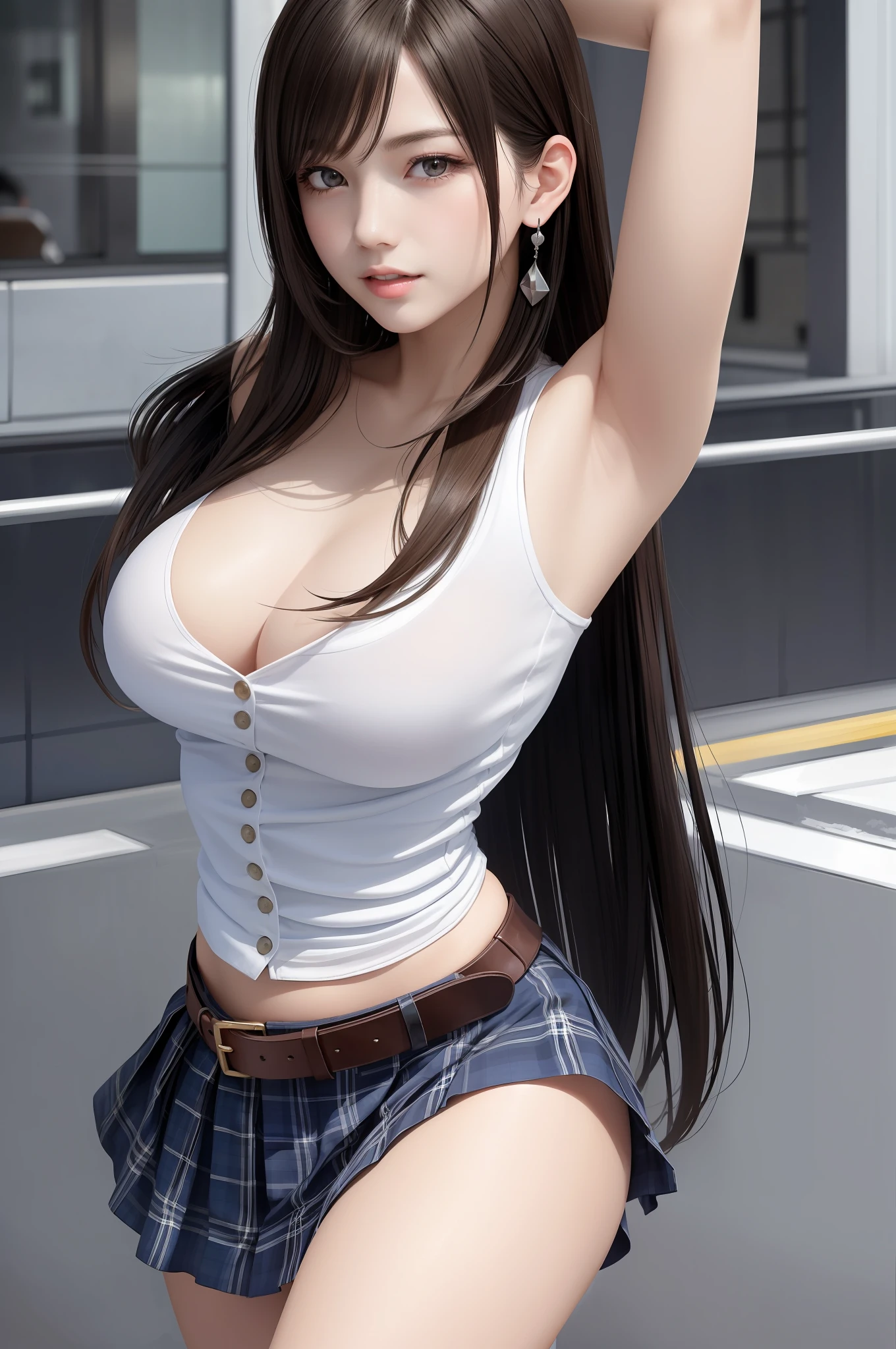 (Top Quality, Masterpiece: 1.1), (Real: 1.4), BREAK (((FF7))) (((Tifa))),(1Girl:1.2),Ultra-detailed face, Detailed eyes,((Light Brown Hair, Large breasts: 1.2)), BREAK (((FF7))) (((Tifa))),((shibuya,street,summer),(sweat:1.2,perspired:1.2),(girl wearing japanese high-school uniform:1.4,plaid pleated skirt, button-down shirt,long sleeve,blue), BREAK (shiny oiled skin: 1.4), about 18 years old,Are you free tonight , ashamed