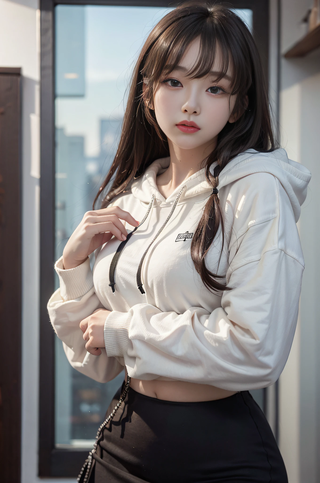 Top image quality、Raw photography、超A high resolution、17-year-old cool Korean、big round chest、Hoodie without front closure、Inside the trimmed length、skirt by the、Beautiful Eyes of Details、elongated eyes、Eye lashes、Beautiful double eyelids、eyeshadows、Slender eyes、耳Nipple Ring、