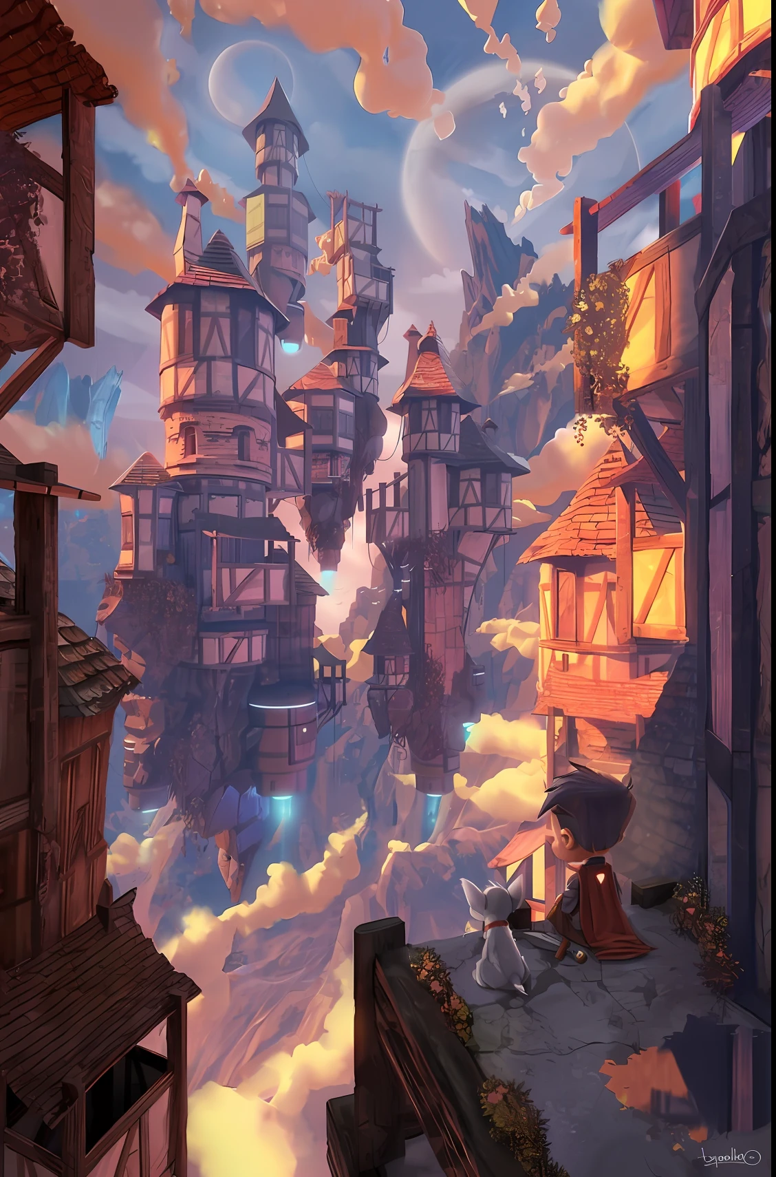 A painting of a town with a castle as a background, fantasy matte painting,Cute, a bustling magical town, Detailed digital 2D fantasy art, 2. 5 D CGI anime fantasy artwork, fantastic screenshot art, Stylized concept art, Digital 2D fantasy art, very coherent stylized artwork, magical fantasy 2 d concept art, Unreal Engine fantasy art