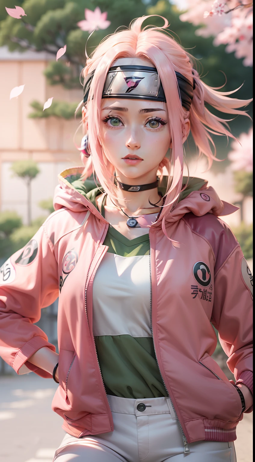 masterpiece, absurdness, 1girl with green eyes, (((Haruno Sakura))), (Naruto Shippuden), solo, pink jacket, headband with the ((symbol from the Hidden Leaf Village)), looking at viewer, floating hair, wind, white pants, anime style 4 k, realistic anime art style, anime style. 8k, beautiful anime girl