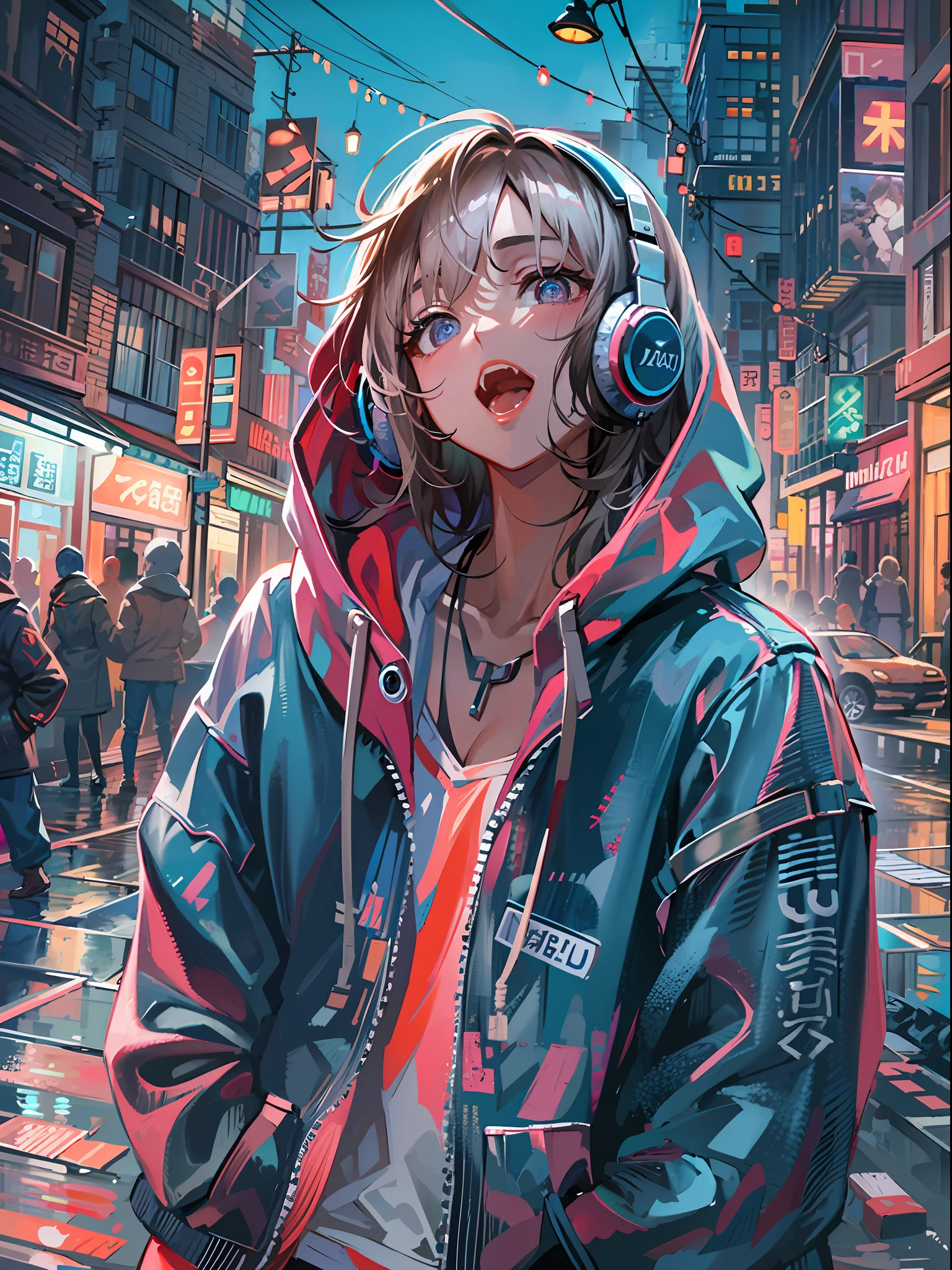 8K分辨率、((top-quality))、((masterpiece))、((ultra-detailliert))、1 woman、独奏、incredibly absurdness、Oversized hoodies、headphones、Street、plein air、Sateen、Neon Street、Shortcut Hair、Brightly colored eyes、Hands in pockets、shortpants、water dripping