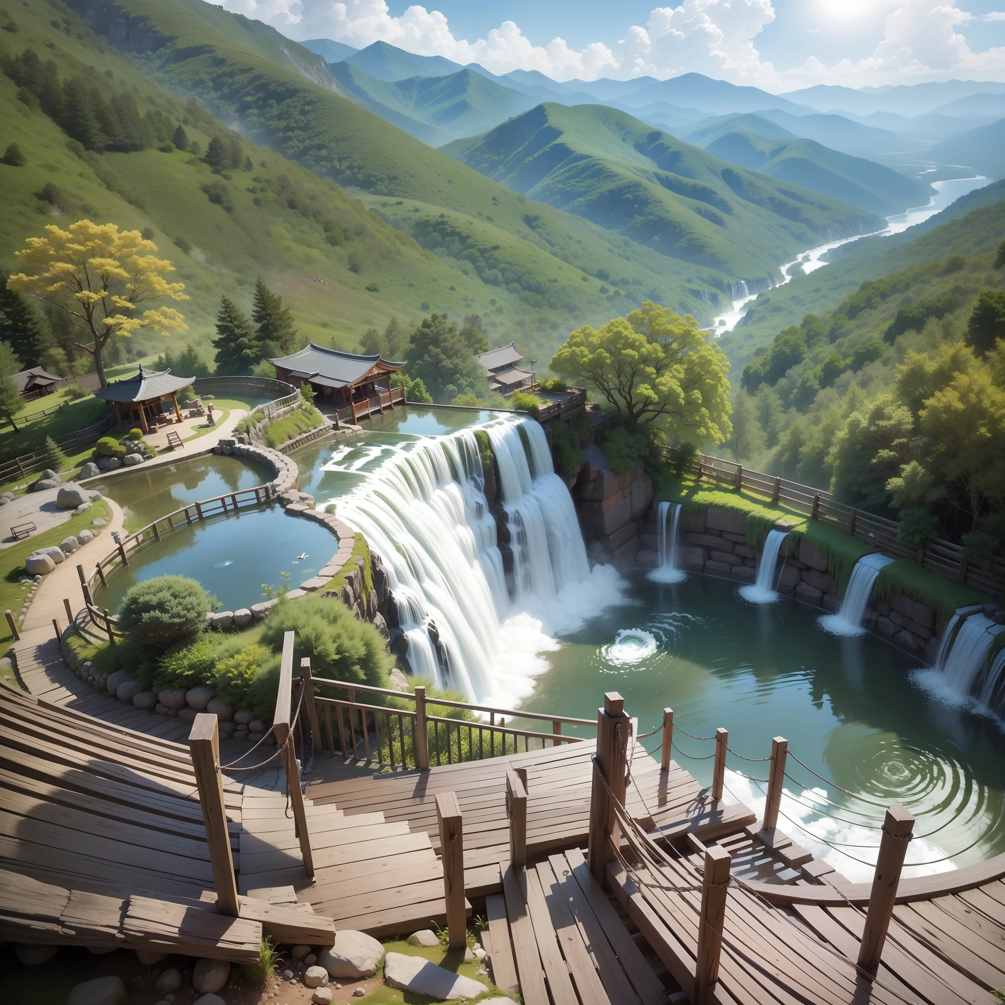 A huge open-air bath at the top of a mountain　hot water　top-quality　​masterpiece　超A high resolution　huge waterfall　Beautiful hot spring