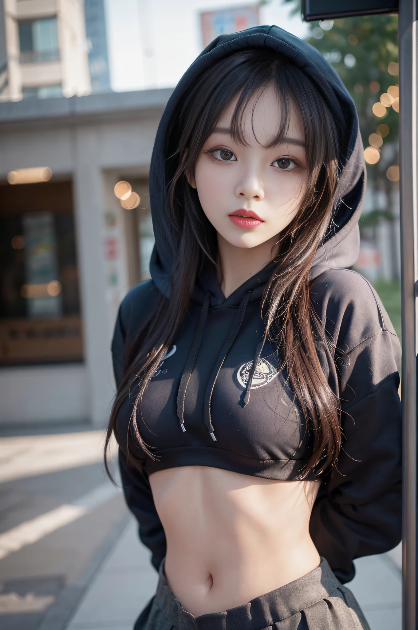 Top image quality、Raw photography、超A high resolution、17-year-old cool Korean、big round chest、Hoodie without front closure、Cropped length inner、skirt by the、Beautiful Eyes of Details、elongated eyes、eye lashes、Beautiful double eyelids、eyeshadows、Slender eyes、耳Nipple Ring、