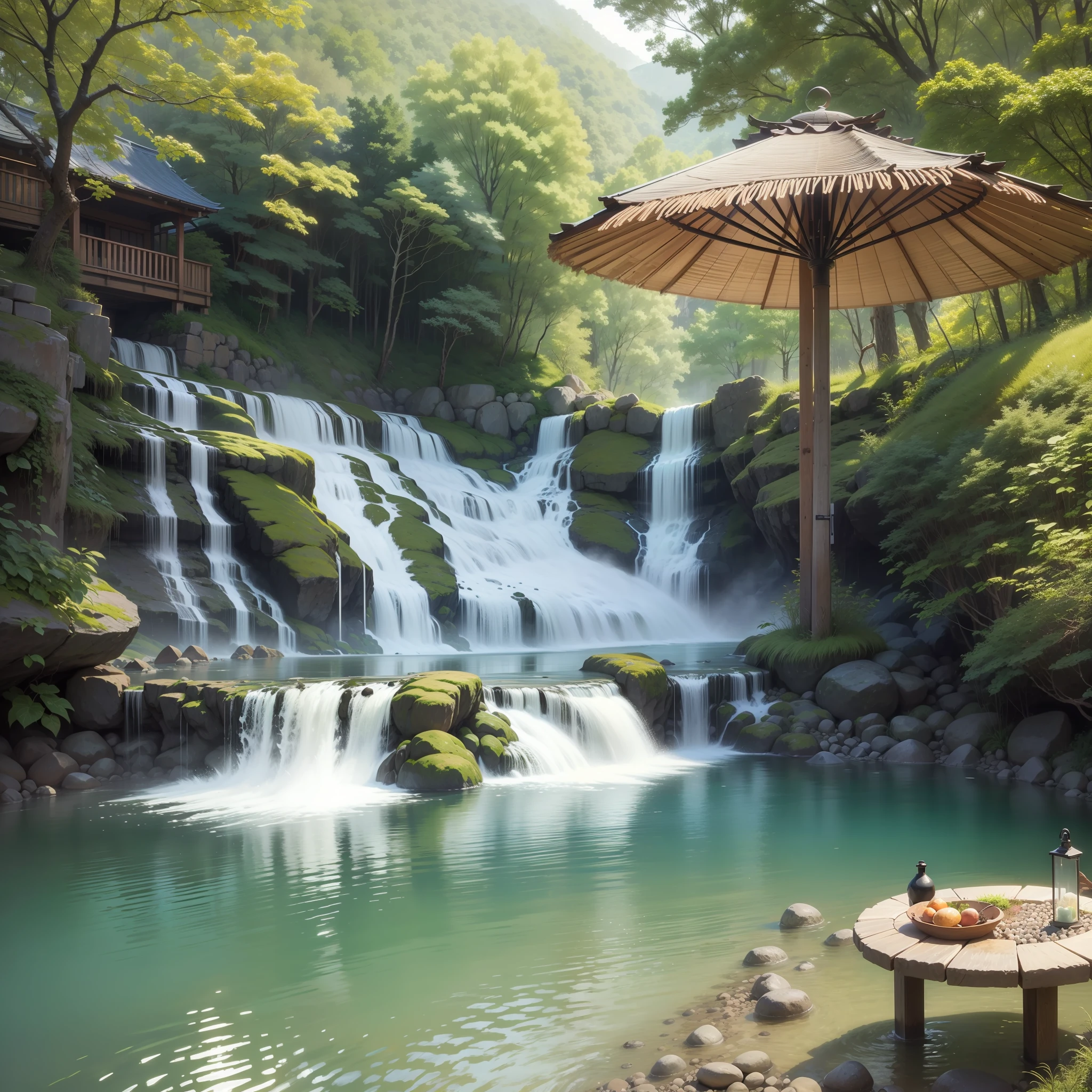 outdoor bath huge waterfall hot onsen top-quality Flowing masterpiece 超A high resolution Beautiful fece