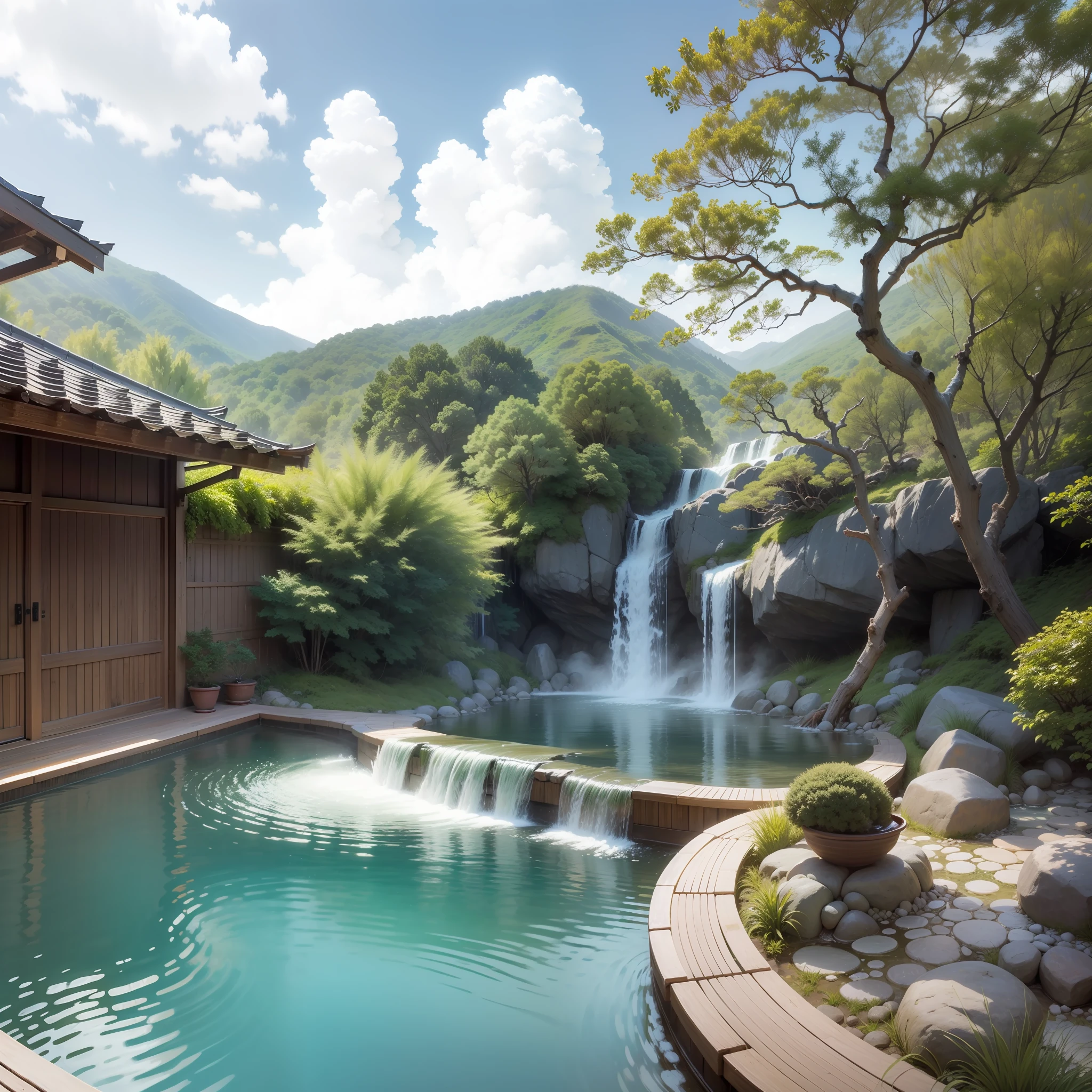 outdoor bath huge waterfall hot onsen top-quality Flowing masterpiece 超A high resolution Beautiful fece