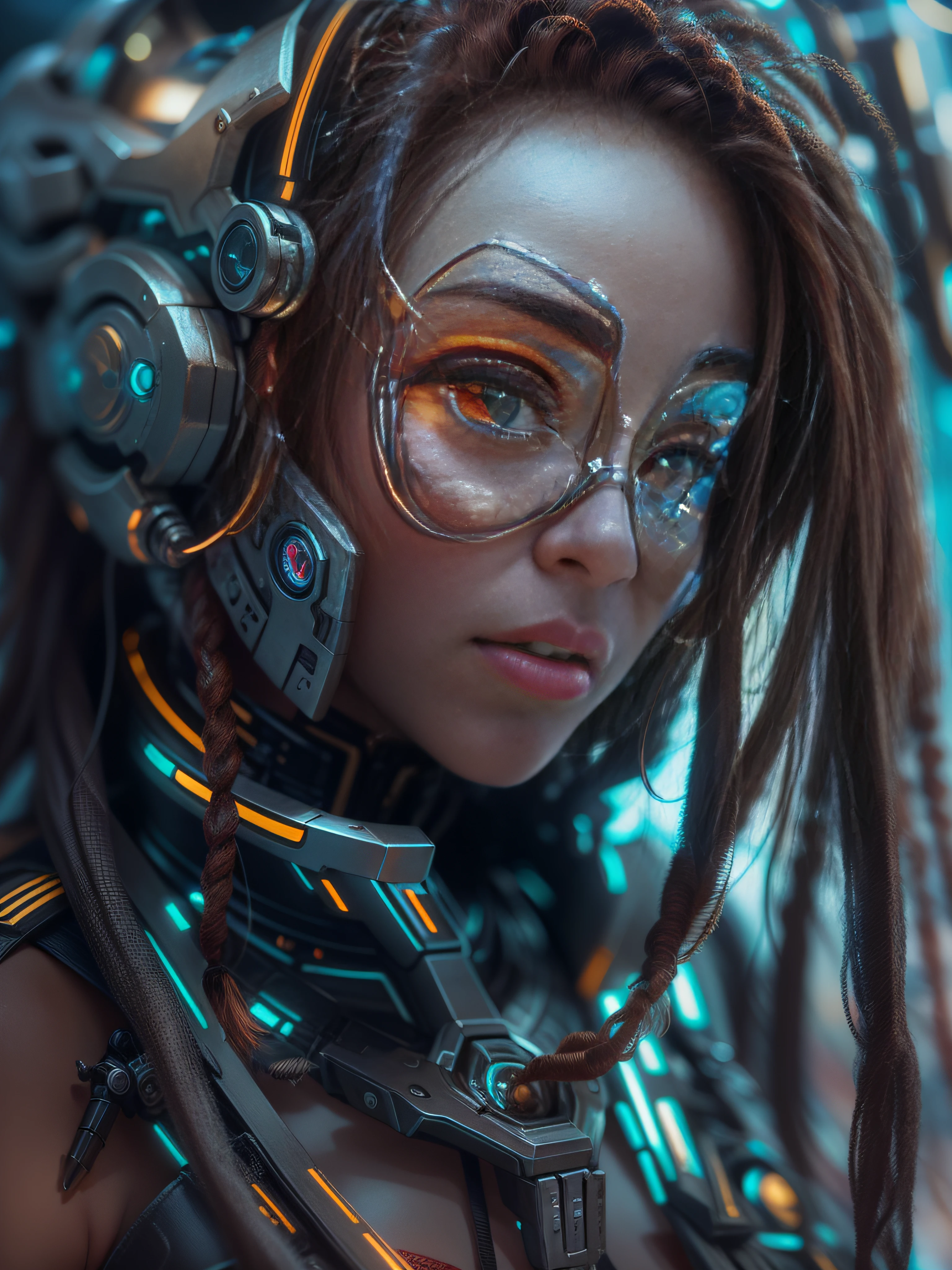 masterpiece, best quality, upper body, close-up of fantastic cyborg girl in fantasy cyber helmet with dreadlocks, neon glass and metal inserts, in glossy color with elegant details, ultra high detail, super sharp focus, HDR, ring light fill hard light, rich light and shadow details, extremely detailed outside, random camera angle, realistic style, tech photo style