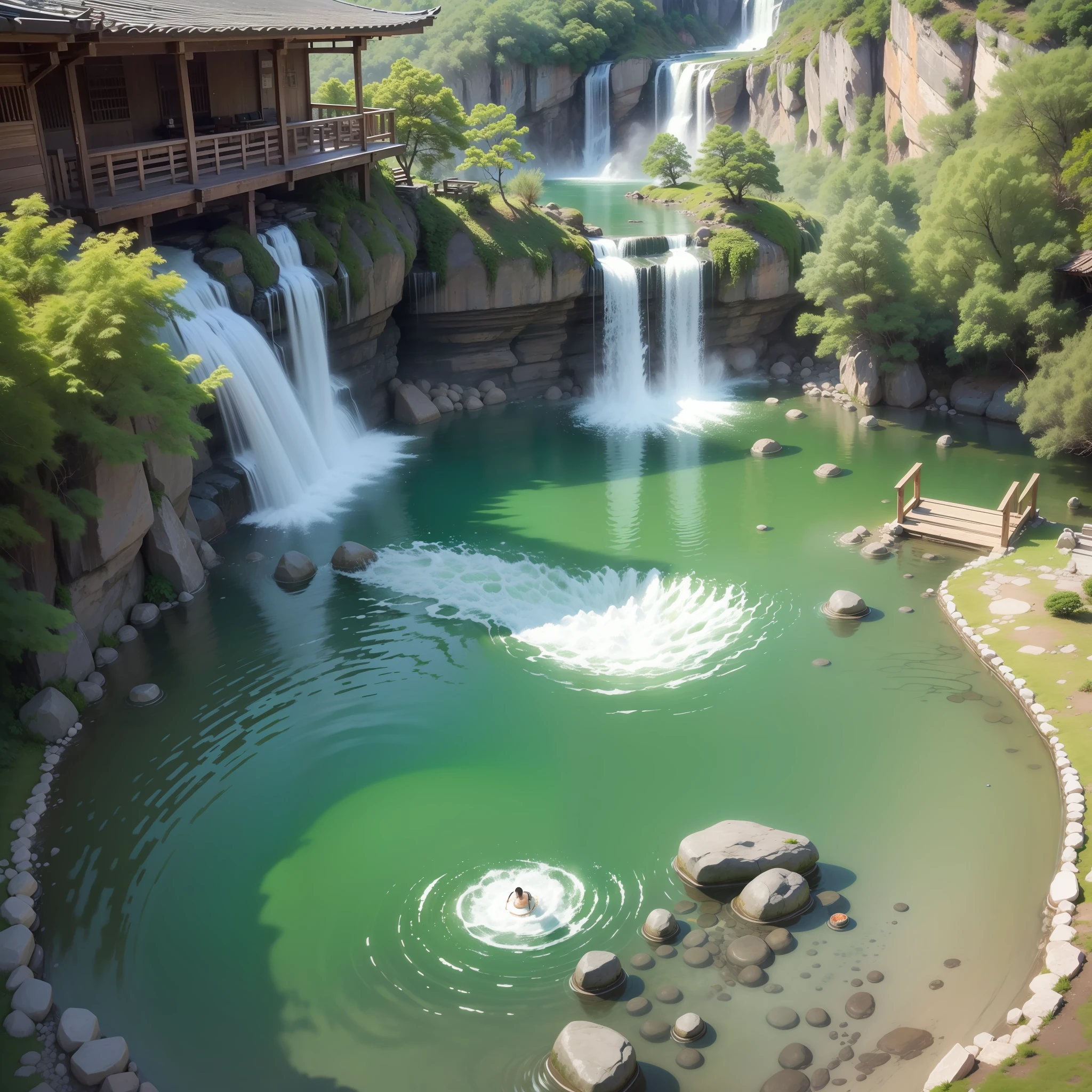 A huge open-air bath at the top of a mountain hot water top-quality masterpiece 超A high resolution huge waterfall Beautiful hot spring
