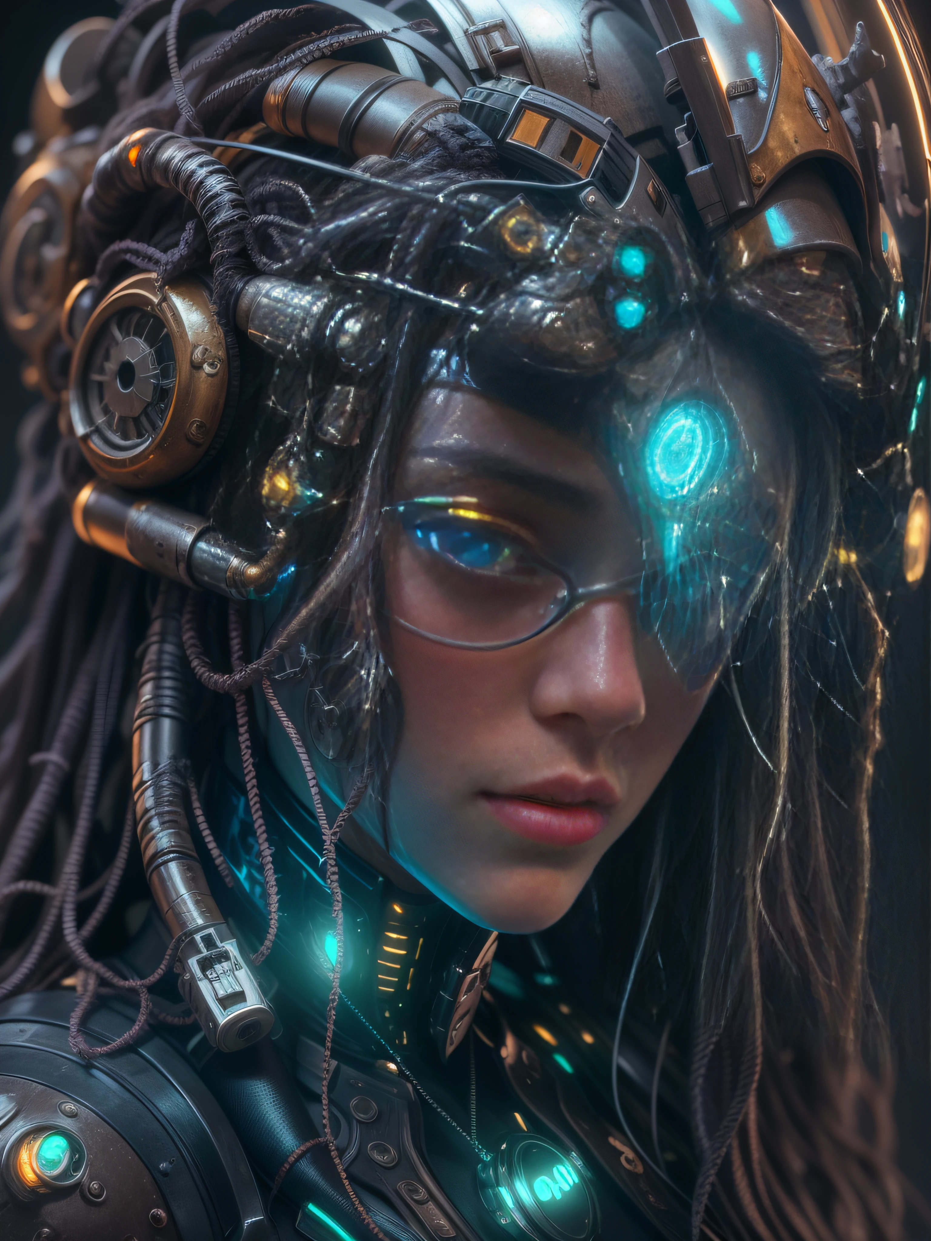 masterpiece, best quality, upper body, close-up of fantastic cyborg girl in fantasy cyber helmet with dreadlocks, neon glass and metal inserts, in glossy color with elegant details, ultra high detail, super sharp focus, HDR, ring light fill hard light, rich light and shadow details, extremely detailed outside, random camera angle, realistic style, tech photo style