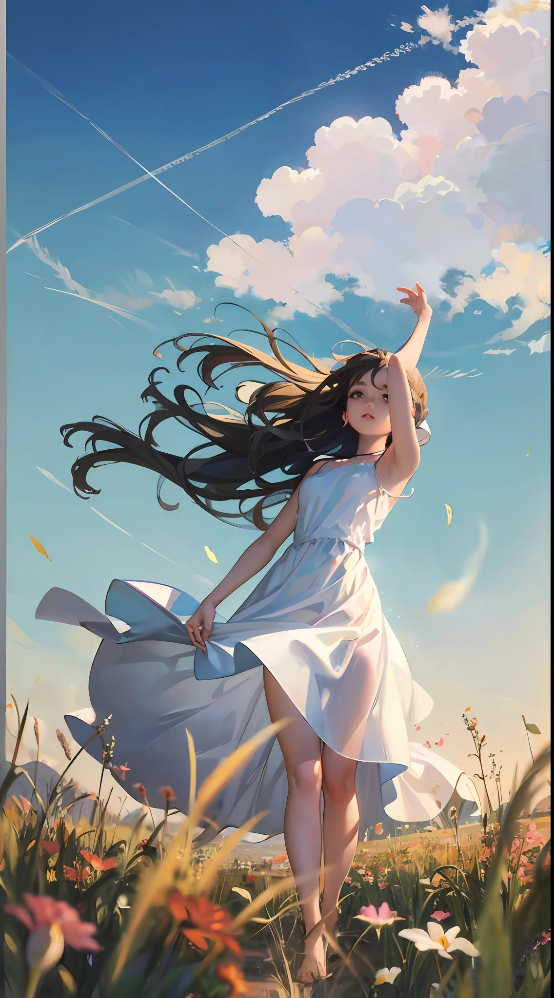 meadow, blue sky, white cumulonimbus, contrails, shining sun, meadow grass swaying in the wind, photo quality, live action, reality, transparency, realistic depiction, 8K quality, UHD, DSLR, high quality, film grain, fujifilm XT3, girl in white camisole dress, standing figure, barefoot, hair swaying in the wind, hair up to shoulders, big, big eyes,