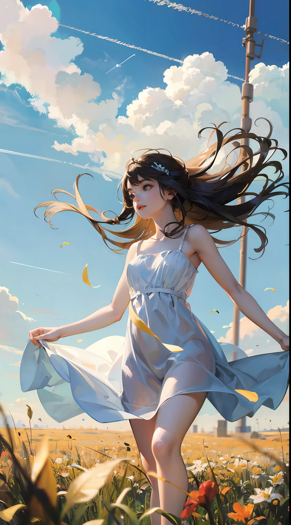 meadow, blue sky, white cumulonimbus, contrails, shining sun, meadow grass swaying in the wind, photo quality, live action, reality, transparency, realistic depiction, 8K quality, UHD, DSLR, high quality, film grain, fujifilm XT3, girl in white camisole dress, standing figure, barefoot, hair swaying in the wind, hair up to shoulders, big, big eyes,