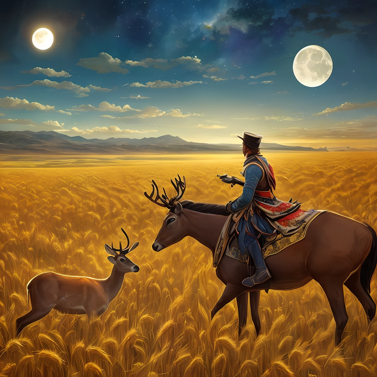 A man riding a deer in a field of wheat with small flowers, the moon and the sea A man dancing in a wheat field with small red and yellow roses with perfect symmetrical faces, Indigenous feather jewelry, Traditional handmade dress, warrior hunter armed, (((Far West))) environnement, Utah landscape, ultra realist, Art conceptuel, elegant, ((complexe)), ((highly detailed)), profondeur de champ, ((professionally colorful)), soft ambient lighting, twilight, 8k, dessin par Artgerm et Greg Rutkowski et Alphonse Mucha --auto