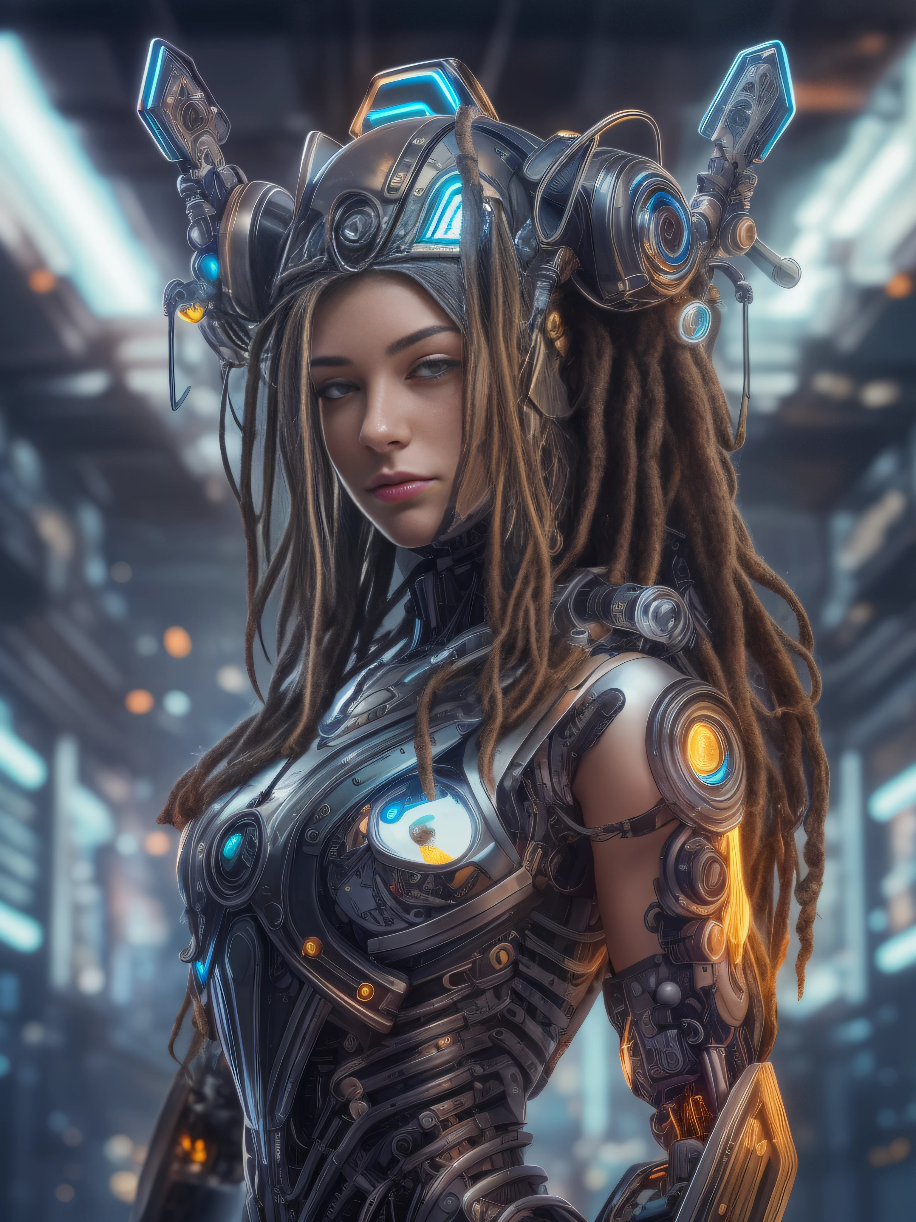 masterpiece, best quality, upper body, close-up of fantastic cyborg girl in fantasy cyber helmet with dreadlocks, neon glass and metal inserts, in glossy color with elegant details, ultra high detail, super sharp focus, HDR, ring light fill hard light, rich light and shadow details, extremely detailed outside, random camera angle, realistic style, tech photo style