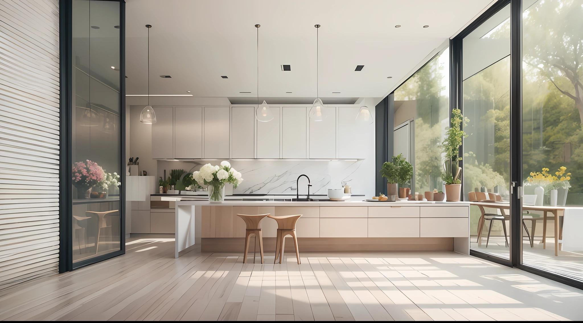 Minimalist kitchen，Few flowers and plants（1:0.05），sun's rays，an award winning masterpiece，Incredible details Large windows，highly  detailed，Harper's Bazaar art，fashion magazine，fluency，Clear focus，8K，rendering by octane