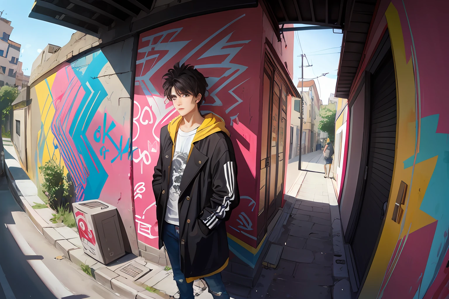 tmasterpiece，best qualtiy，Mysterious Street，The huge walls are covered with colorful artistic graffiti，Art extends to the end of the street，Amazing work，Splashing colors，Bad boy with messy hair，big headphone，Boy standing on a street corner，Play cool in front of the camera，Wear a trench coat and worn-out jeans，Covered in paint，looks into camera，Perspective angle，depth of fields，The panorama focuses on the graffiti wall。