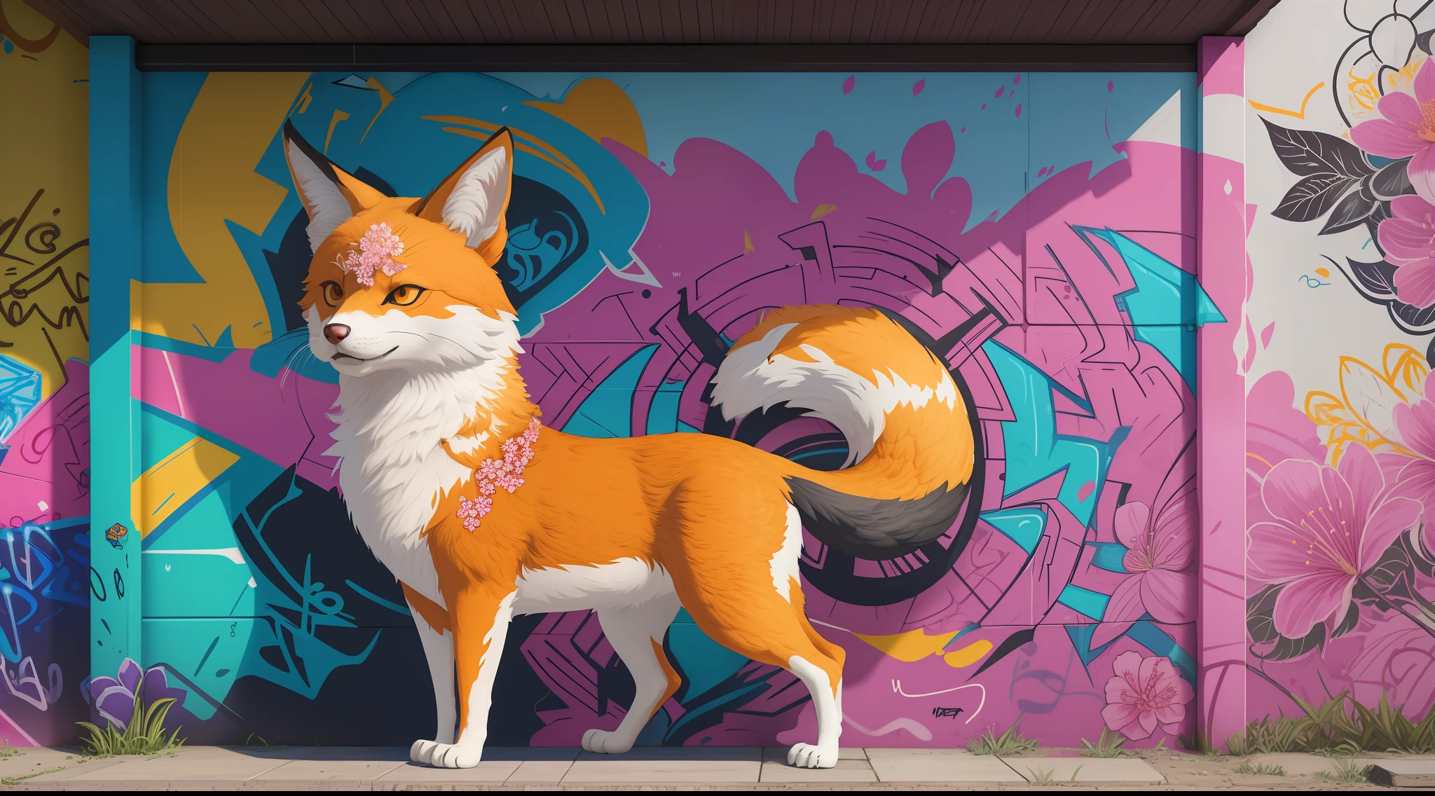 A highly detailed picture of graffiti, beautiful colors, intricate patterns, sakura bloom symbolism, kitsune stepping out of wall art, ((detailed background, detailed graffitti wall)), photorealistic, colorful, viewed from front, low angle view, digital art, highly detailed, fine detail, intricate, ornate, complex, octane render, unreal engine, photorealistic, 8k, 16k,