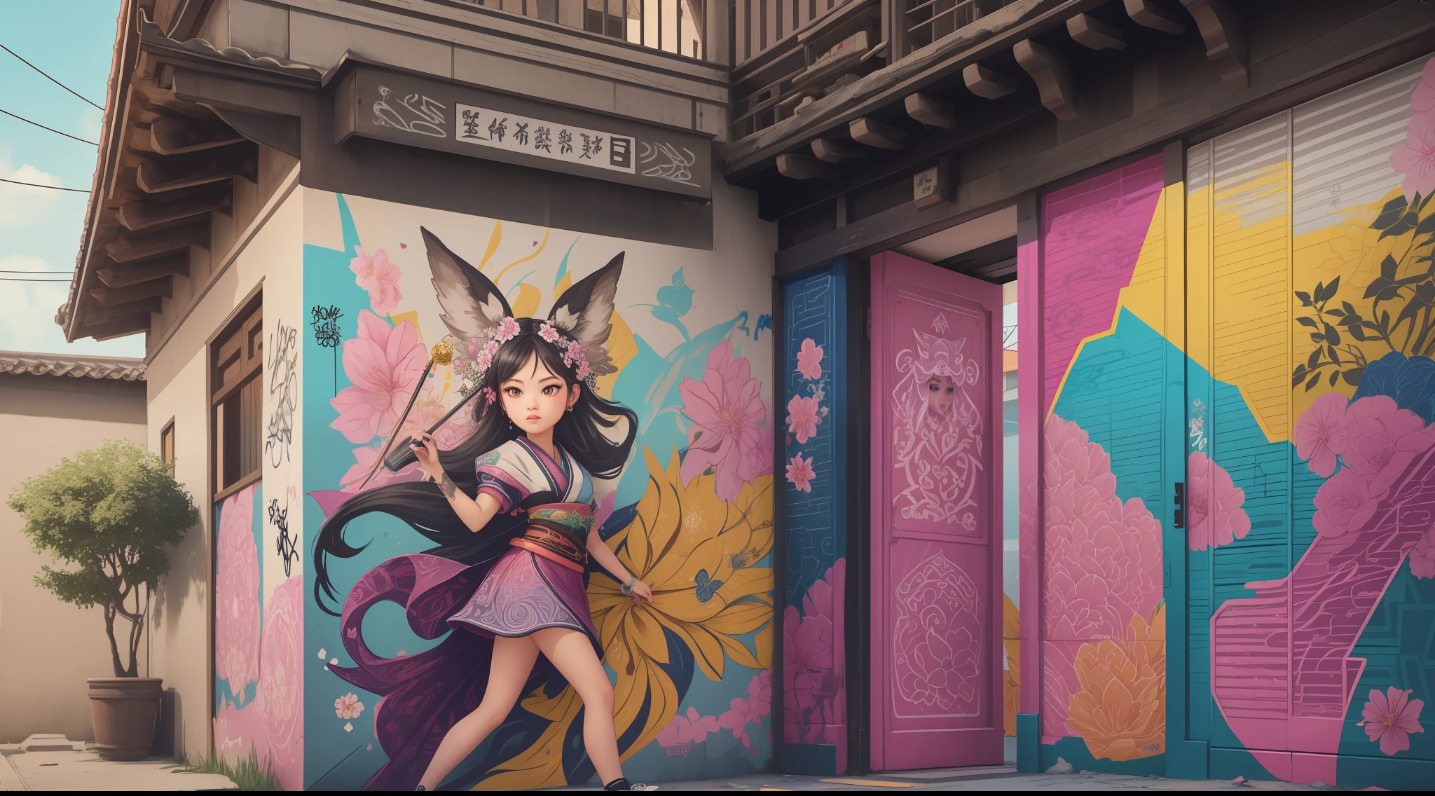 A highly detailed picture of graffiti, beautiful colors, intricate patterns, sakura bloom symbolism, kitsune woman emerging from wall art, ((detailed background, detailed graffitti wall)), photorealistic, colorful, viewed from front, low angle view, digital art, highly detailed, fine detail, intricate, ornate, complex, octane render, unreal engine, photorealistic, 8k, 16k,