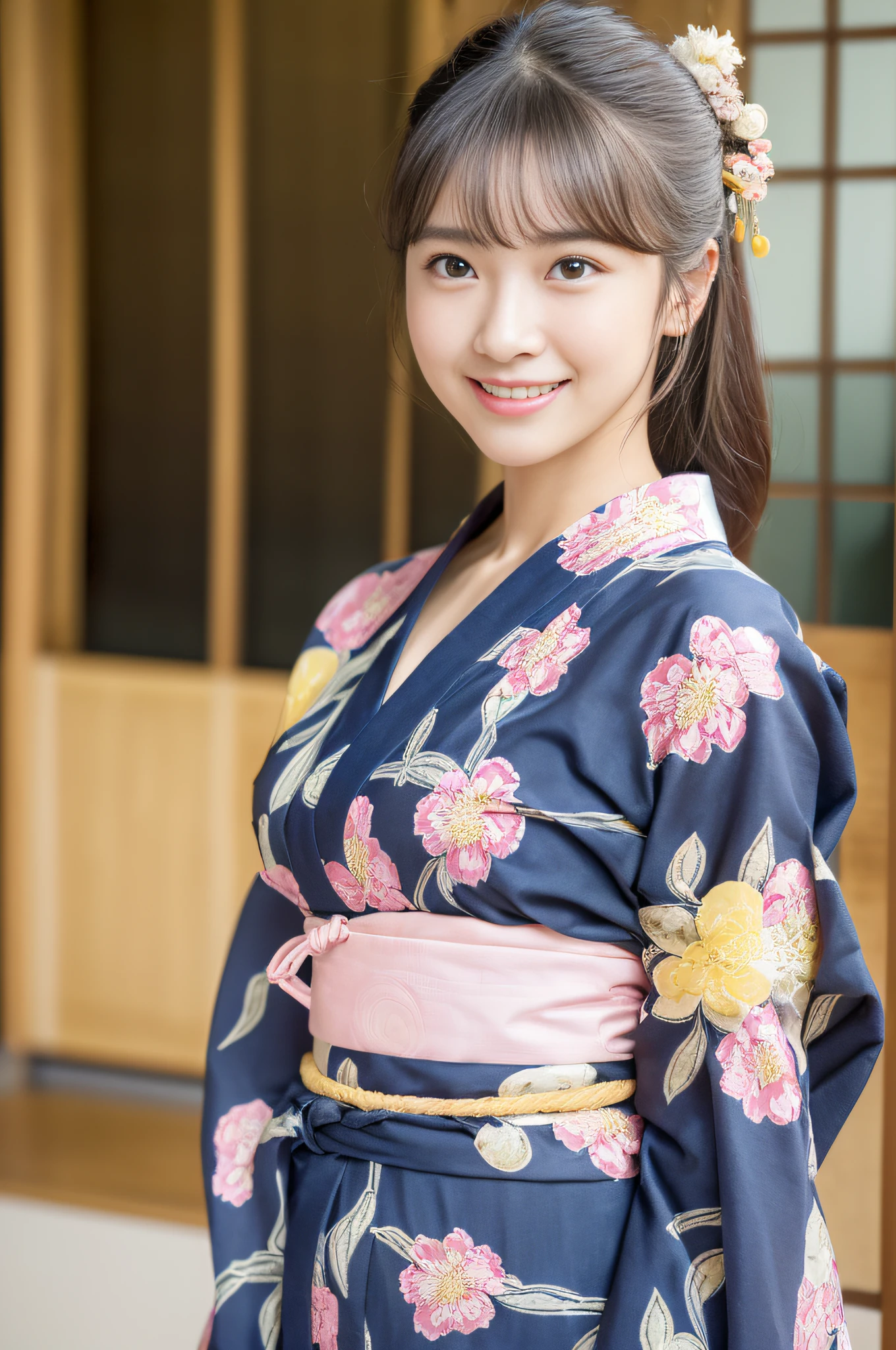 ((Realistic lighting、top-quality、8K、masterpiece:1.3))、Clear focus:1.2、1girl in、Perfect Body Beauty:1.4、Slim abs:1.1、((A dark-haired、small tits))、(Yukata with pale pink floral pattern on pale yellow background:1.4)、((Dark red kimono obi)), (outside of house、natta:1.1)、Idol、Super fine face、finely eye、二重まぶた、dark brown eyes、(bangss)、(hyper pretty face:1.5), (Japan Woman:1.5), hair adornments、(18year old)、a smile、Beautie、Hairpin、