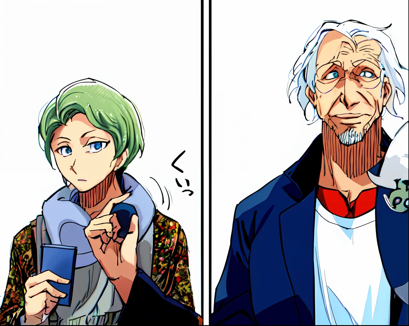 boys, jacket, winter, old man next to him is his son, iron fence, color manga, manga color, color manga, color manga panel, simple background, a white background