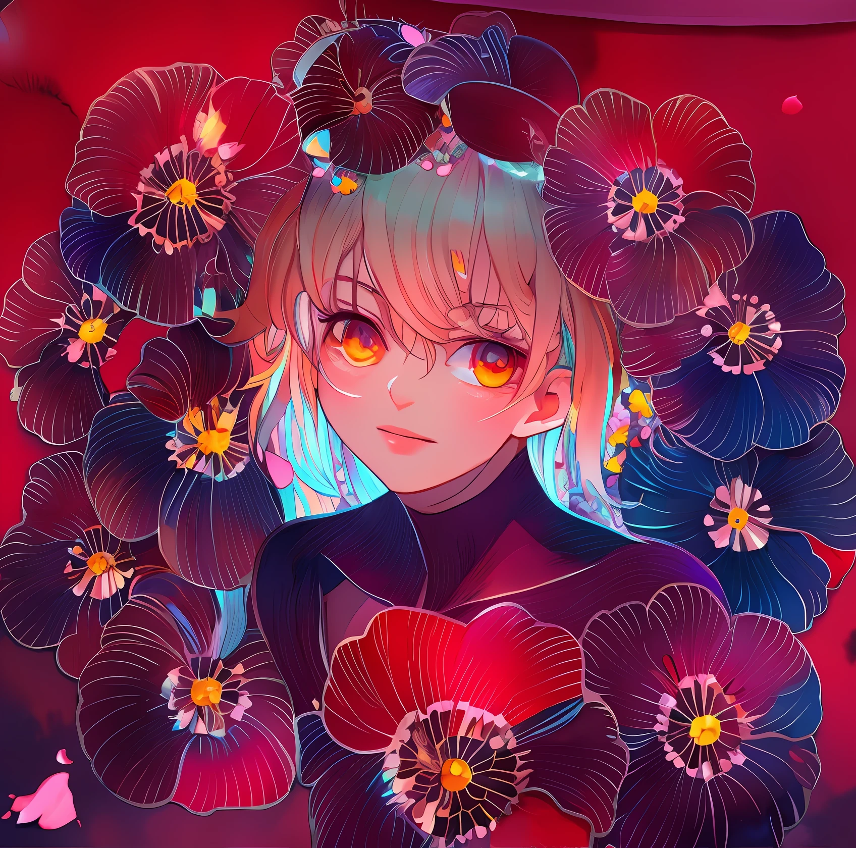a drawing of a woman with flowers in her hair, trending on artstration, beautiful anime portrait, exquisite digital illustration, artwork in the style of guweiz, stunning anime face portrait, digital anime illustration, beautiful anime art style, fantasy art style, beautiful digital illustration, anime illustration, beautiful anime artwork, beautiful anime art, a beautiful artwork illustration, beautiful character painting,( watercolor \(medium\), IrisCompiet:1.2),abstract background, fantasy, many colors, colorful, flower petals, wind blowing,masterpiece, best quality, (extremely detailed CG unity 8k wallpaper), (best quality), (best illustration), (best shadow), absurdres, realistic lighting, (Abyss), beautiful detailed glow,clear face, clean white background, masterpiece, super detail, epic composition, ultra HD, high quality, extremely detailed, official art, uniform 8k wallpaper, super detail, 32k -- v 6