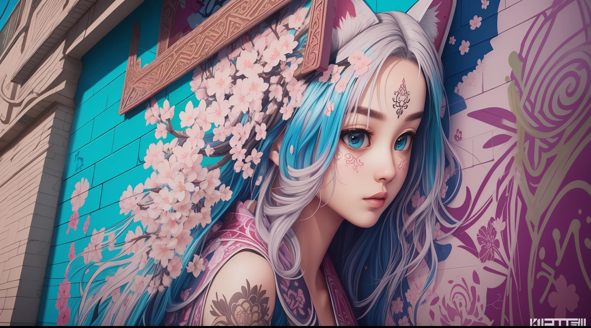 A highly detailed picture of graffiti, beautiful colors, intricate patterns, sakura bloom symbolism, kitsune undressing, ((detailed background, detailed graffitti wall)), photorealistic, colorful, viewed from front, low angle view, digital art, highly detailed, fine detail, intricate, ornate, complex, octane render, unreal engine, photorealistic, 8k, 16k,