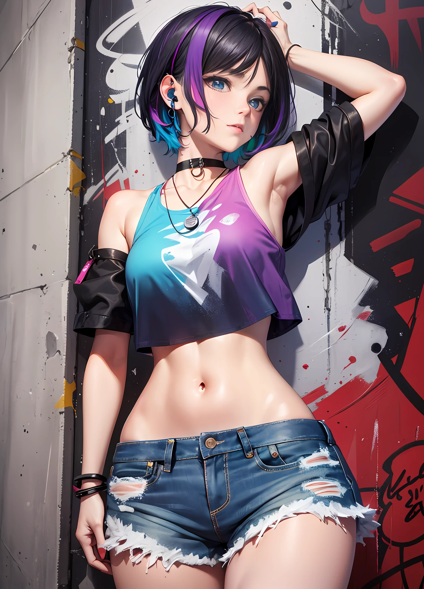 tmasterpiece, Best quality at best, 1girll, 独奏, crop tops, denim short, choker necklace,(scribbles:1.5), Back alley、Graffiti artist spray painting wall,paint splatter, Behind the arm, against a wall, looking at viewert, armlets, thigh band, Paint on the body, tilt of the head, Nudy, O cabelo multicolorido, Water-colored eyes, Earphone,
