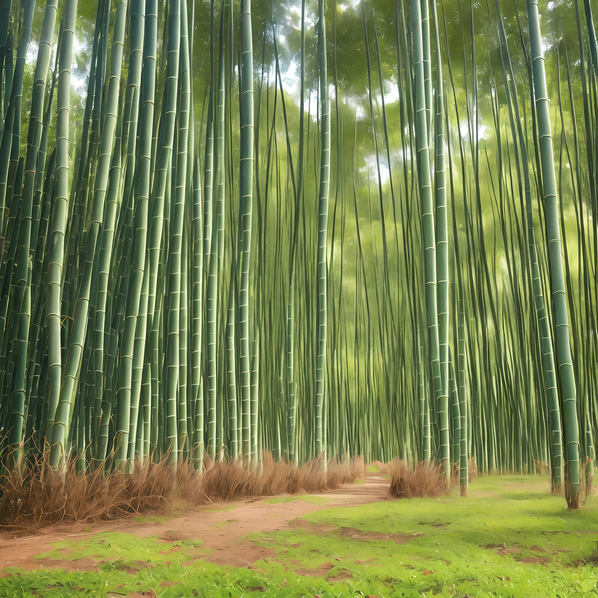 Melhor qualidade, obra prima. 4k Campo de bambu, with leaves swaying in the wind.tamanho pequeno, verde escuro, dia de sol, com raios solares bem fracos.a special focus on growing bamboo roots. Umas montanhas no fundo. Photography represents hope and growth. --auto