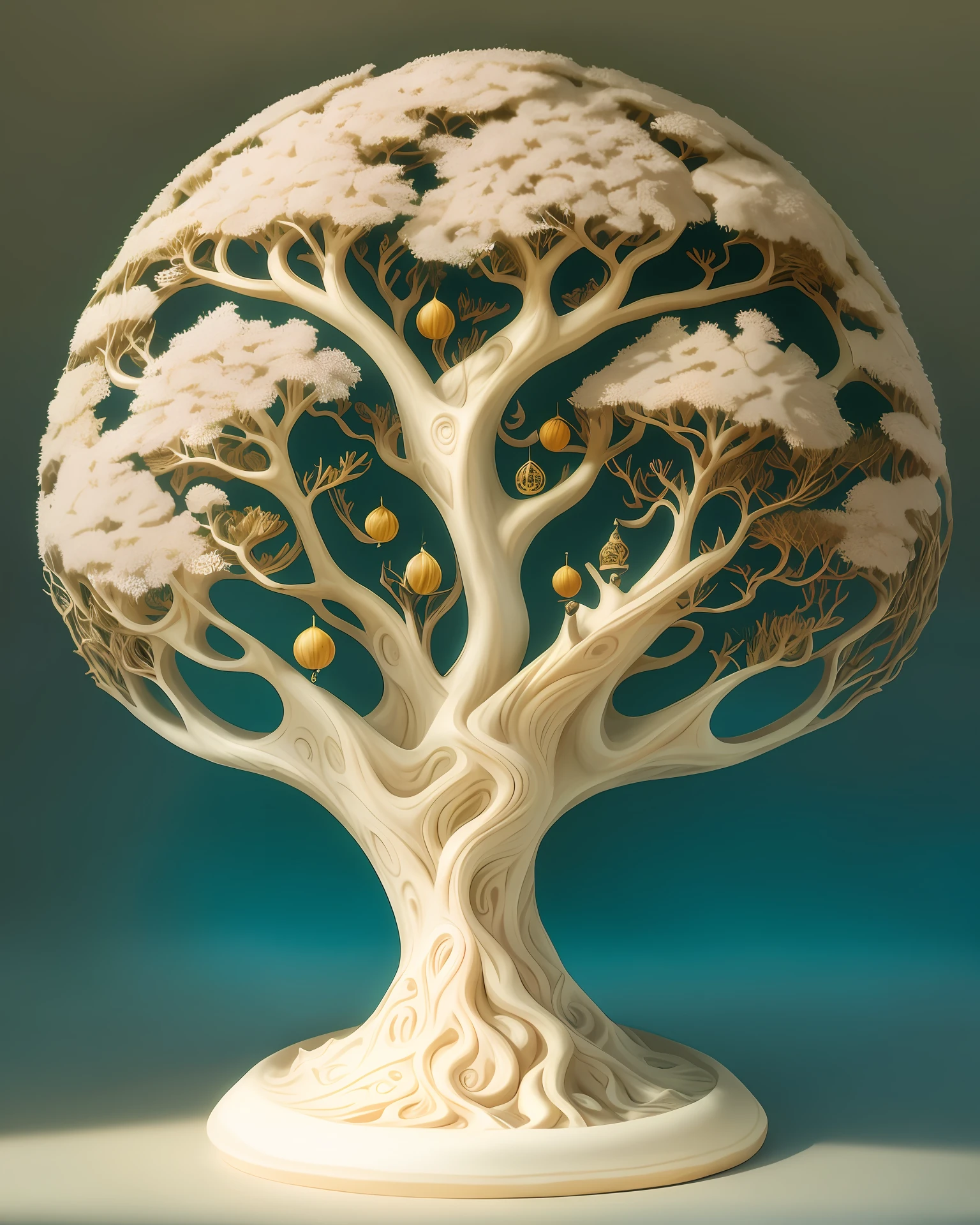 Close-up of a tree sculpture with a ball in the middle, tree of life inside the ball, dan mcpharlin : : opulent, Fantasy Tree, golden sacred tree, Tree of Life, inspired by Vladimir Kush, Thomas Villatte is intricate, The Tree of Life, Intricate sculptures, World Tree, author:Vladimir Kush, fantasy. Intricate, Obras de arte intrincadas