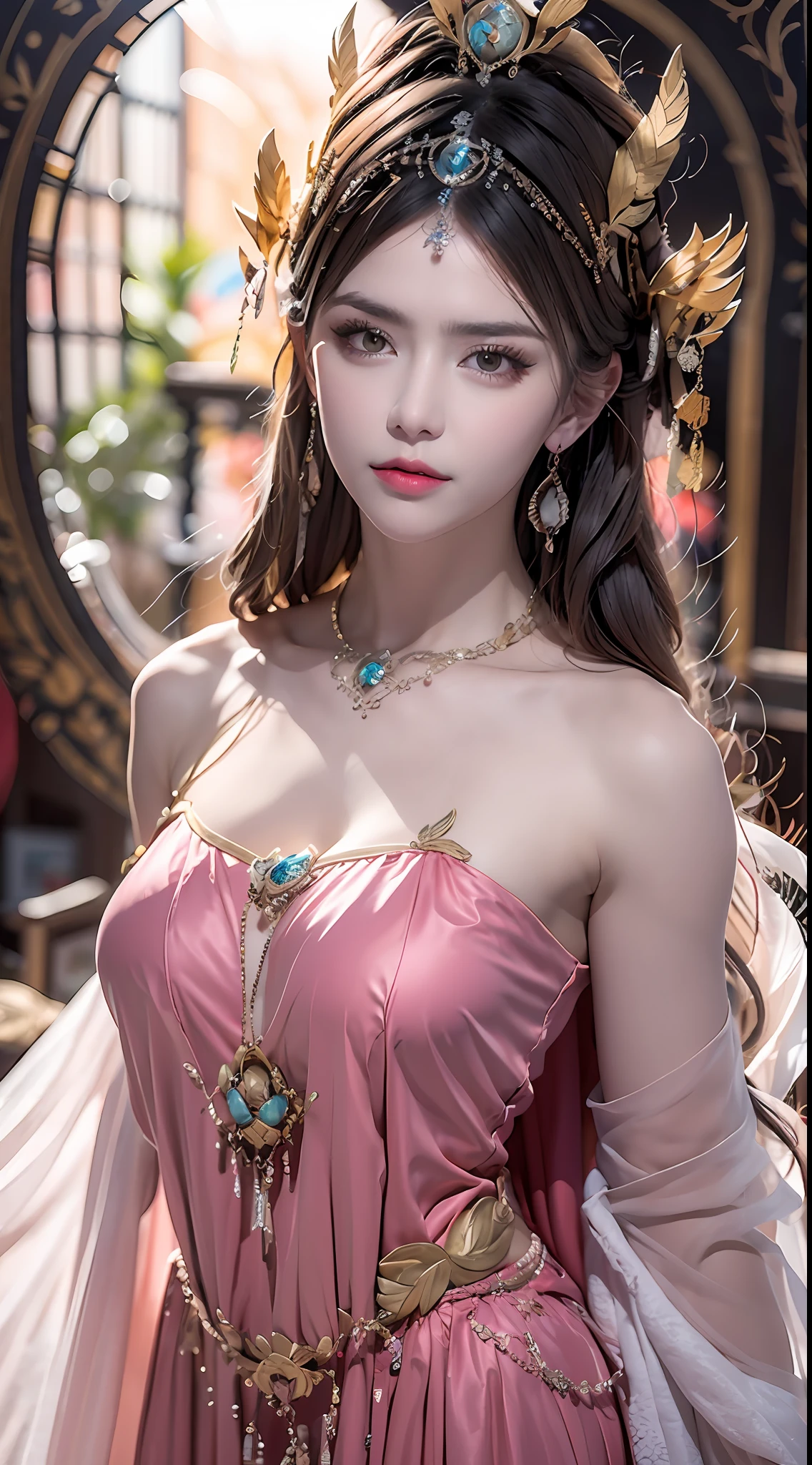 1 20 year old girl, 1 goddess Athena, pink purple silk dress, beautiful goddess Athena face without blemishes, delicate yellow nightgown, long thin nightgown of saint with many sexy black lace details, saint legend, saint icon, beautiful goddess style elegant glitter, dark and mysterious version, petite goddess crown, vermilion lips, delicate and beautiful lips, karol character, thin and smiley character, no smile intricate, detailed background, extremely detailed, light magic, (pure and flawless face: 1.9), saintly body, round breasts, big and round breasts, phoenix brooch, long flat bangs, (7-color rainbow-colored hair: 1.9), clear beautiful face and well-proportioned eyes, (transparent yellow eyes: 1.8), (big round eyes and meticulous makeup, very beautiful and hidden makeup, long hair with dark makeup, hidden blonde hair, very beautiful and detailed sleeping makeup, pale, upper body, (saint's upper bodies): 1.8), drooping arms, Realistic and vivid images, (stars that make up the sky: 1.7), (sky of heaven and fictional gates of time and space: 1.8), fictional art, RAW photos, hanfu photos, best photos, high resolution, best quality, best photos, surreal portraits, surreal female images, 8k quality , single female saint portrait, most realistic color scheme, best photo color, masterpiece, hair decoration, necklace, jewelry, pretty face, upper body, brand tyndall effect, real photo, dark studio, border lights, two-tone lighting, (white skin pink: 1.4), (high skin detail: 1.1), 8k uhd, dslr, high resolution, soft light, high quality, high quality h, Smooth and sharp, 10x pixelation, sexy goddess, sexy goddess, (background space: 1.8), (galaxy: 1.7), aurora, lightning, (Aurora Background: 1.8), best eyes, perfect eyes, solo 1 girl, saint and beautiful flower,