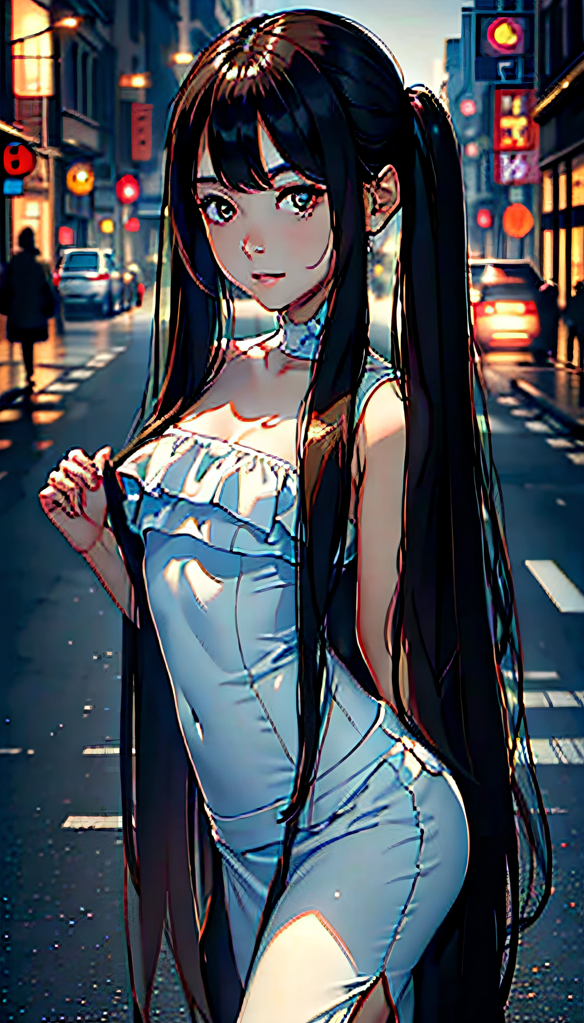 ((Best quality, 8k, Masterpiece :1.3)), 1girl, smiling, full body, slim face, Pretty woman, (Dark brown hair), full length dress :1.1, Ultra-detailed face, Detailed eyes, Double eyelid, blur background, slim face, city, outside, street,