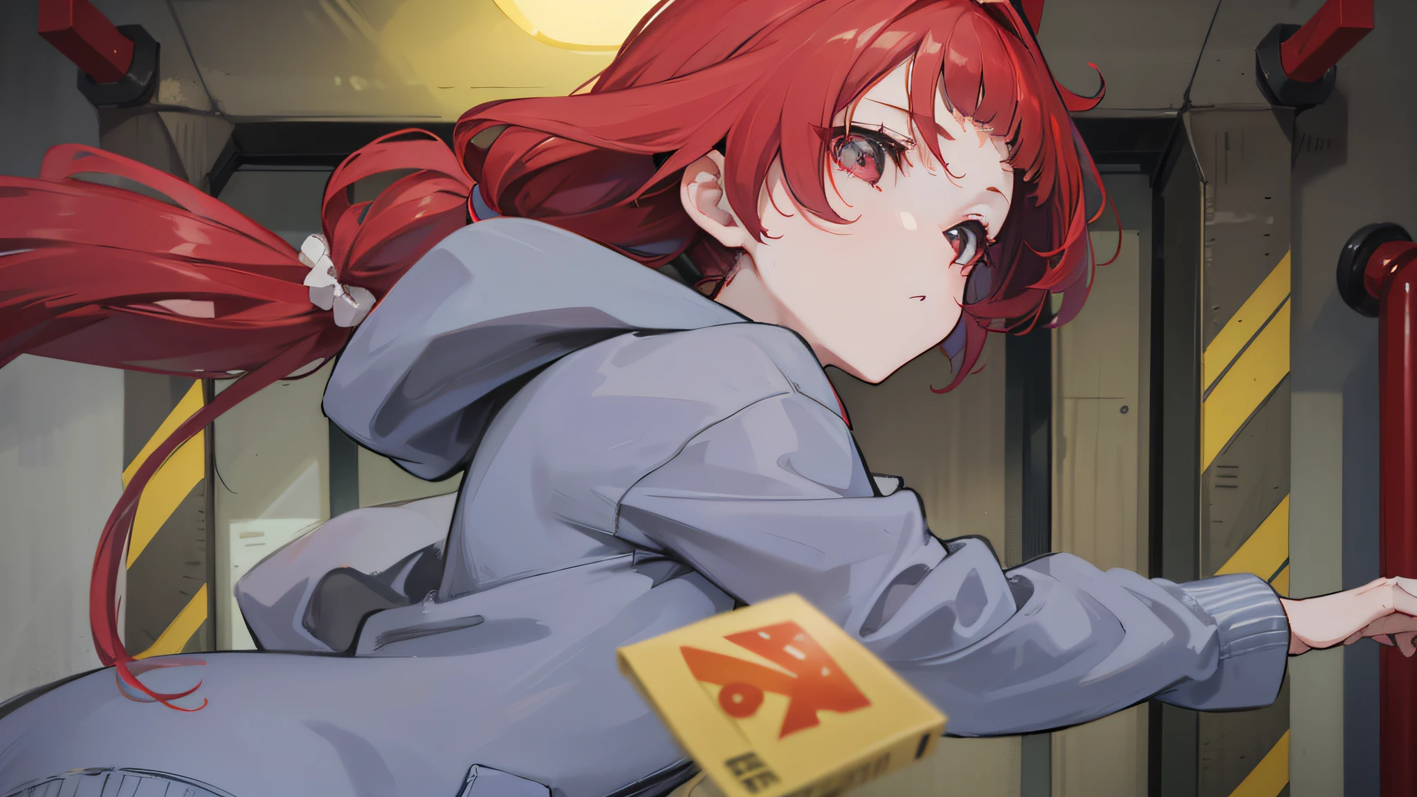 She's a little petite and、、It has a slender physique. She has long red curly hair and a scrunchie behind her. She wears denim hot pants、I'm wearing a gray hoodie, Her feet are barefoot、time々I'm wearing flip flops.