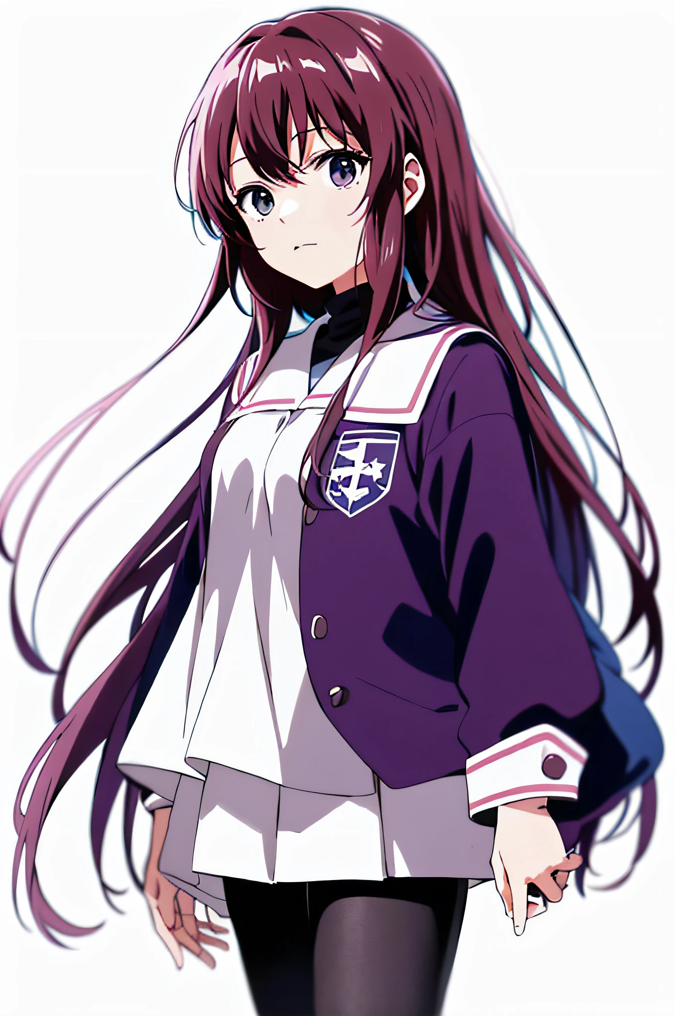 Anime girl standing in front of white background with long hair and purple jacket, iwakura lain, close up iwakura lain, anime best girl, An anime girl, female anime character, anime moe art style, (Anime girl), up of young anime girl, anime visual of a cute girl, anime girl named lucy, anime portrait of shiina ringo