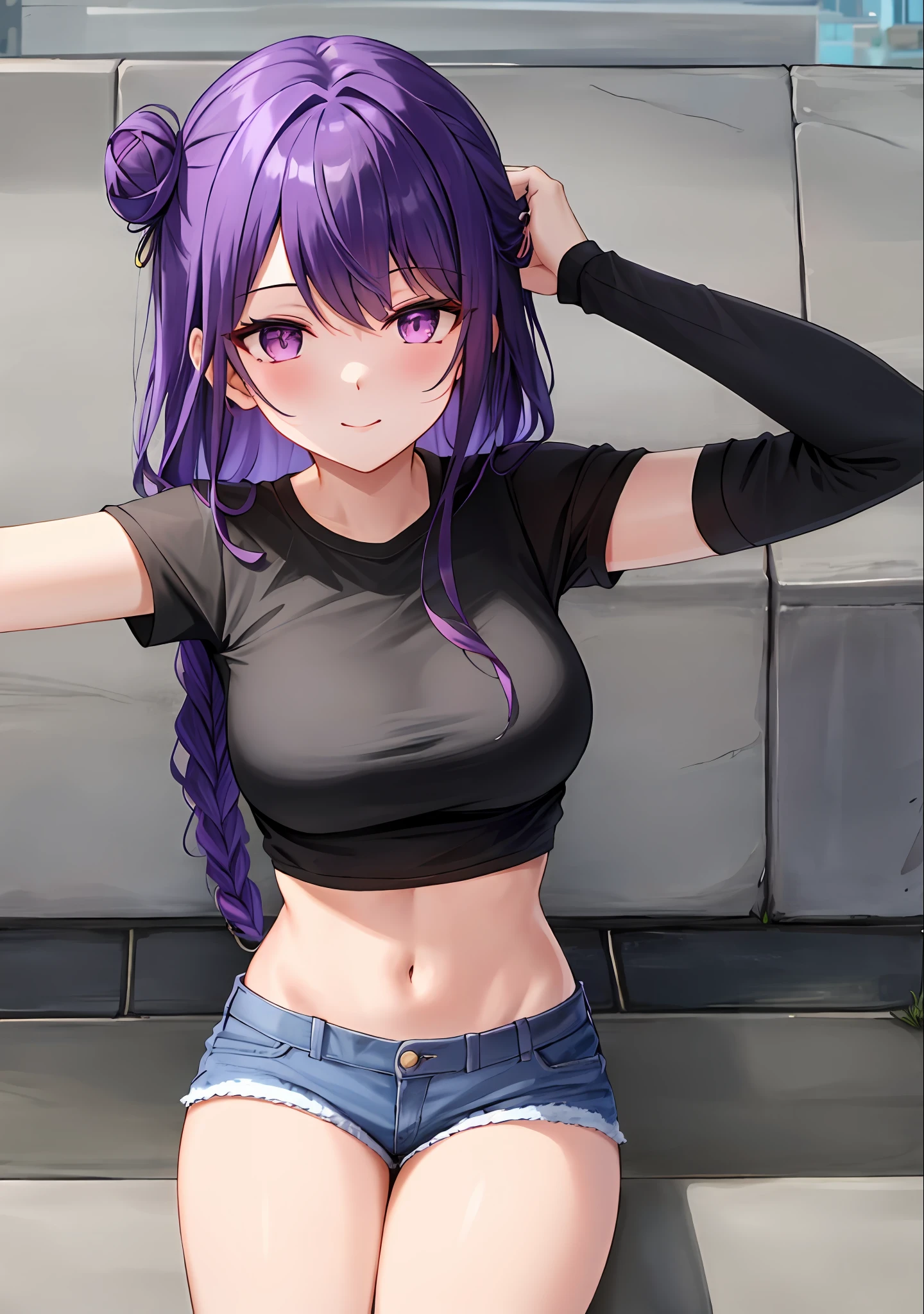 (masterpiece, best quality, ultra-detailed), keqing \(genshin impact\), (purple hair), cone hair bun, twin tails, long hair, swept bangs, braid, braided bangs, purple eyes, pink eyes,
(wearing a t-shirt:1.2), sitting on a chair outside of caf, embracing the natural beauty, sunlight, beautiful cloudy sky, city, street, denim shorts, black stocking,
medium breasts, thick thighs, critical angle, cowboy shot, arm behind head, arm behind back, armpits, light smile, crop top, strong and seductive expressions,,