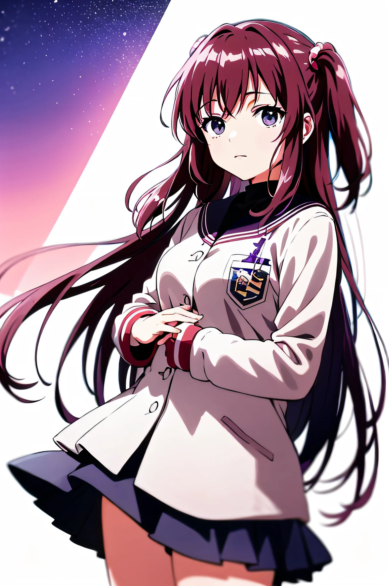 Anime girl standing in front of white background with long hair and purple jacket, iwakura lain, close up iwakura lain, anime best girl, An anime girl, female anime character, anime moe art style, (Anime girl), up of young anime girl, anime visual of a cute girl, anime girl named lucy, anime portrait of shiina ringo