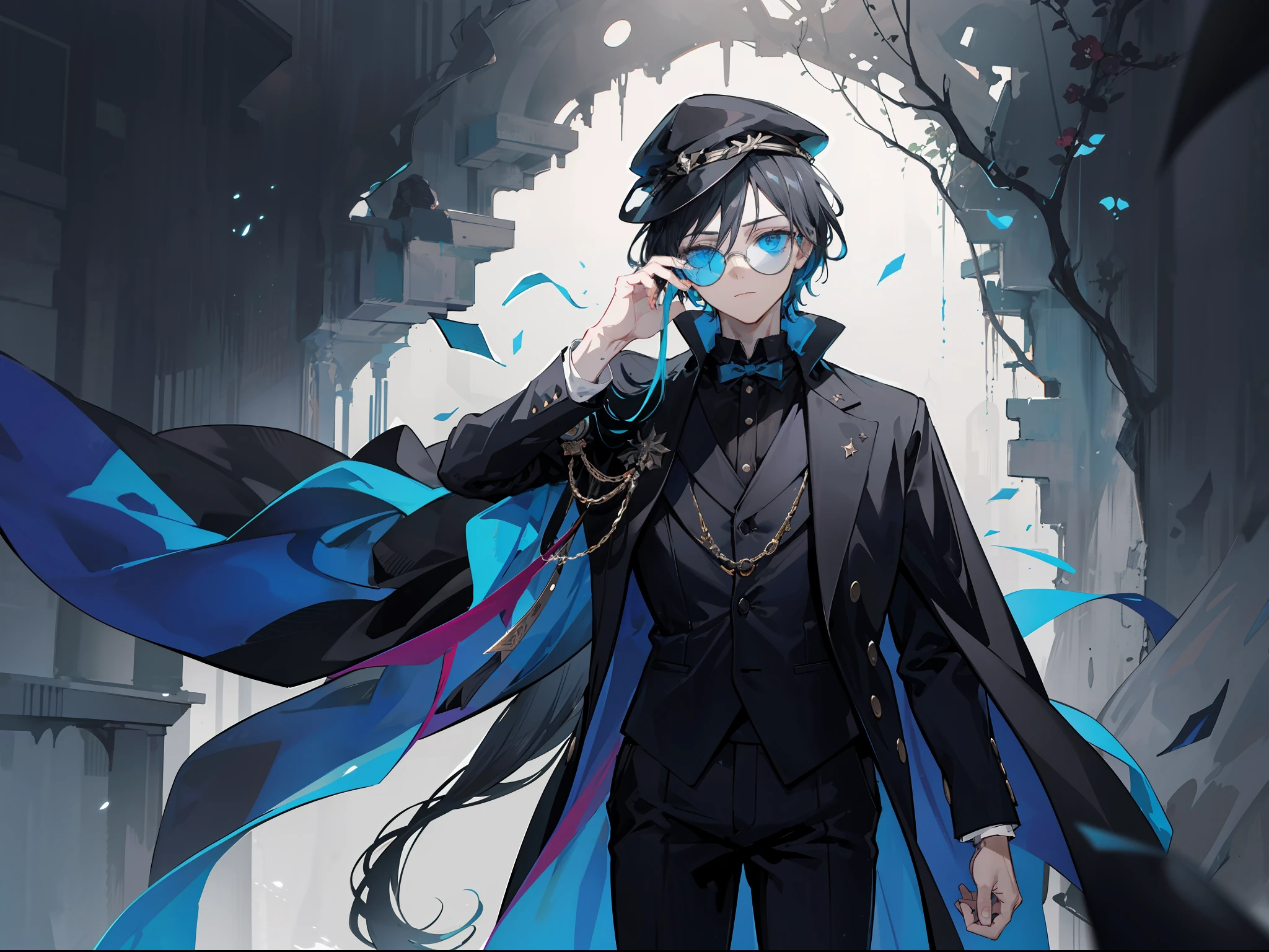 Draw the enigmatic character of Aldrian, the Maker of Legendary Dolls, whose appearance is captivatingly mysterious. He is adorned in a long, flowing black suit cloak that exudes an air of darkness surrounding him. A fedora hat perched on his head adds to the mystique, partially shrouding his face in shadow. His black tinted glasses enhance the visual allure and add an extra touch of enigma. In the illustration, Aldrian can be seen holding a living doll in one hand, asserting his fearsome abilities. The background could be a dark environment filled with dolls he has transformed in the past, creating an atmosphere that is both mysterious and profound. Furthermore, portray his facial expression with ambiguity, reflecting the inner conflict and remorse that envelopes this tragic figure. With your artistic flair, depict Aldrian with intricate details and creativity to evoke curiosity and spark the imagination of the viewers.